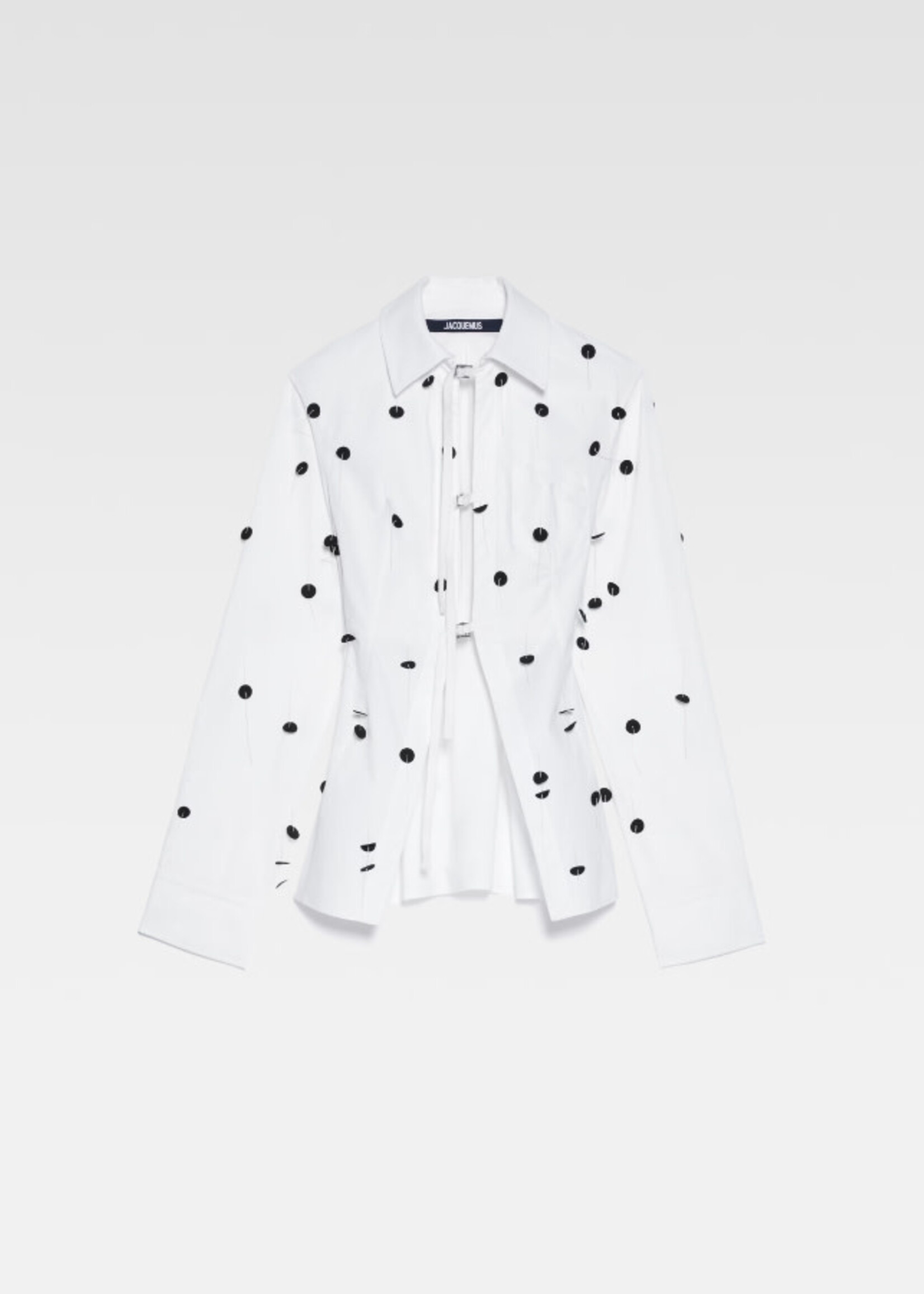 Jacquemus Jacquemus Shirt, White, La Chemise Lavoir Brodée Cotton Long Boxy Shirt w/ Embroidered Black Dots & Front Closure Straps