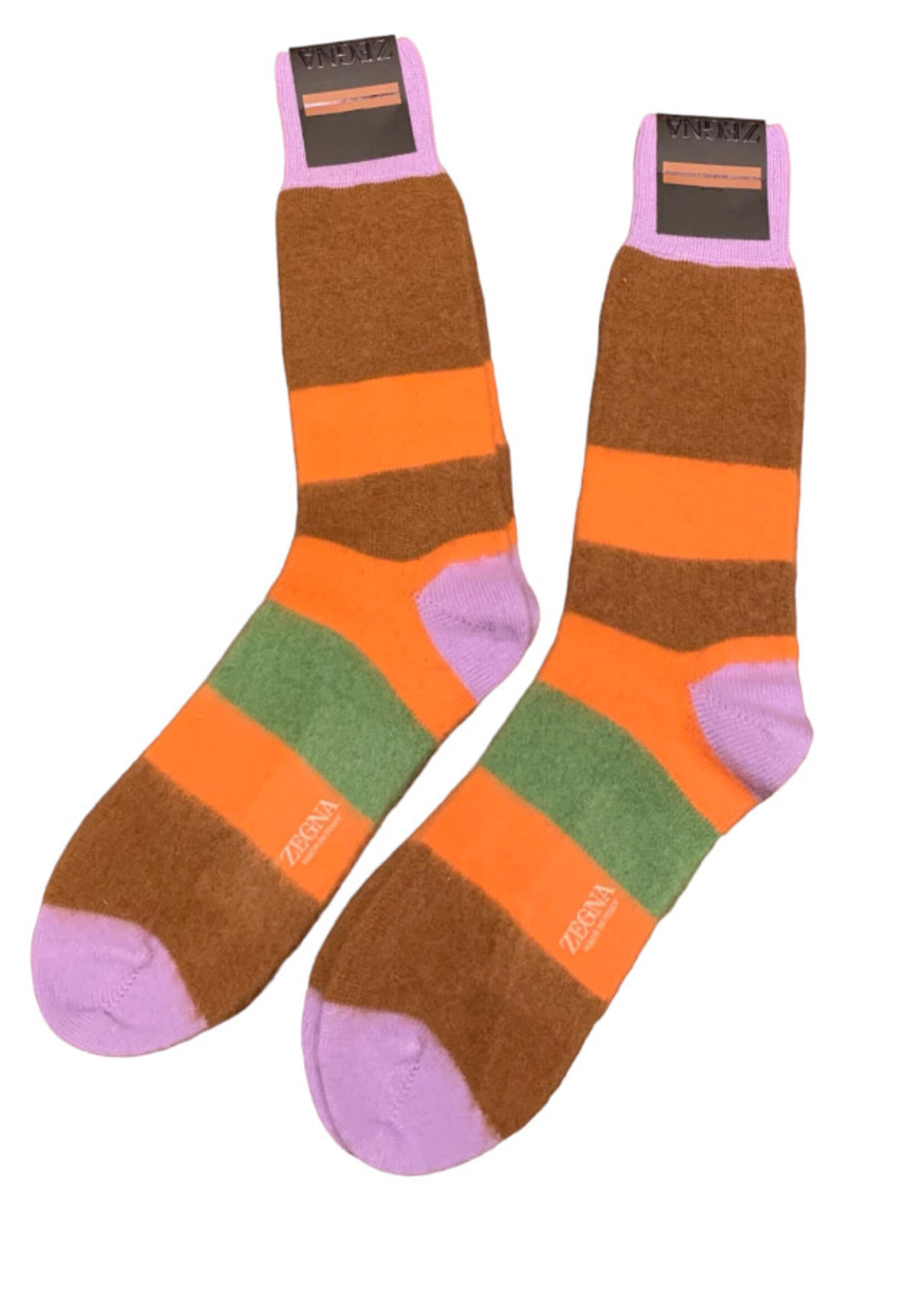 Zegna Zegna Socks, Multi, Wool Mid Calf Lenght Striped Socks in Orange & Brown