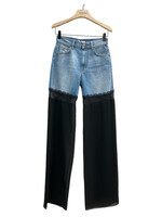 Nensi Dojaka Nensi Dojaka Trousers, Multi, Hybrid Half Denim & Sheer Pants in Blue & Black w/ Lace Detail