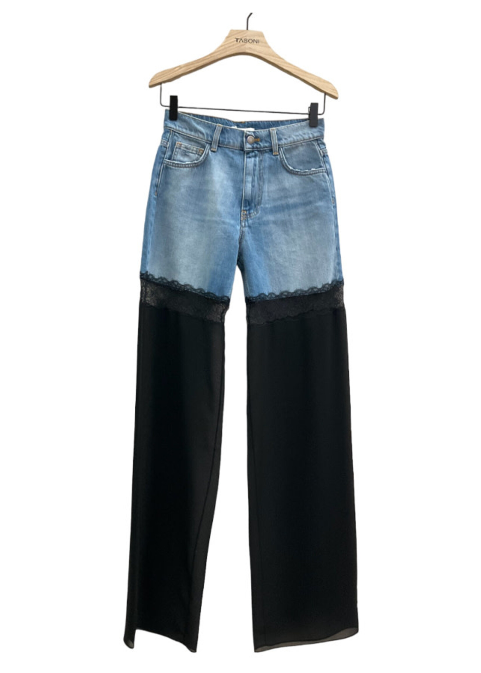 Nensi Dojaka Nensi Dojaka Trousers, Multi, Hybrid Half Denim & Sheer Pants in Blue & Black w/ Lace Detail