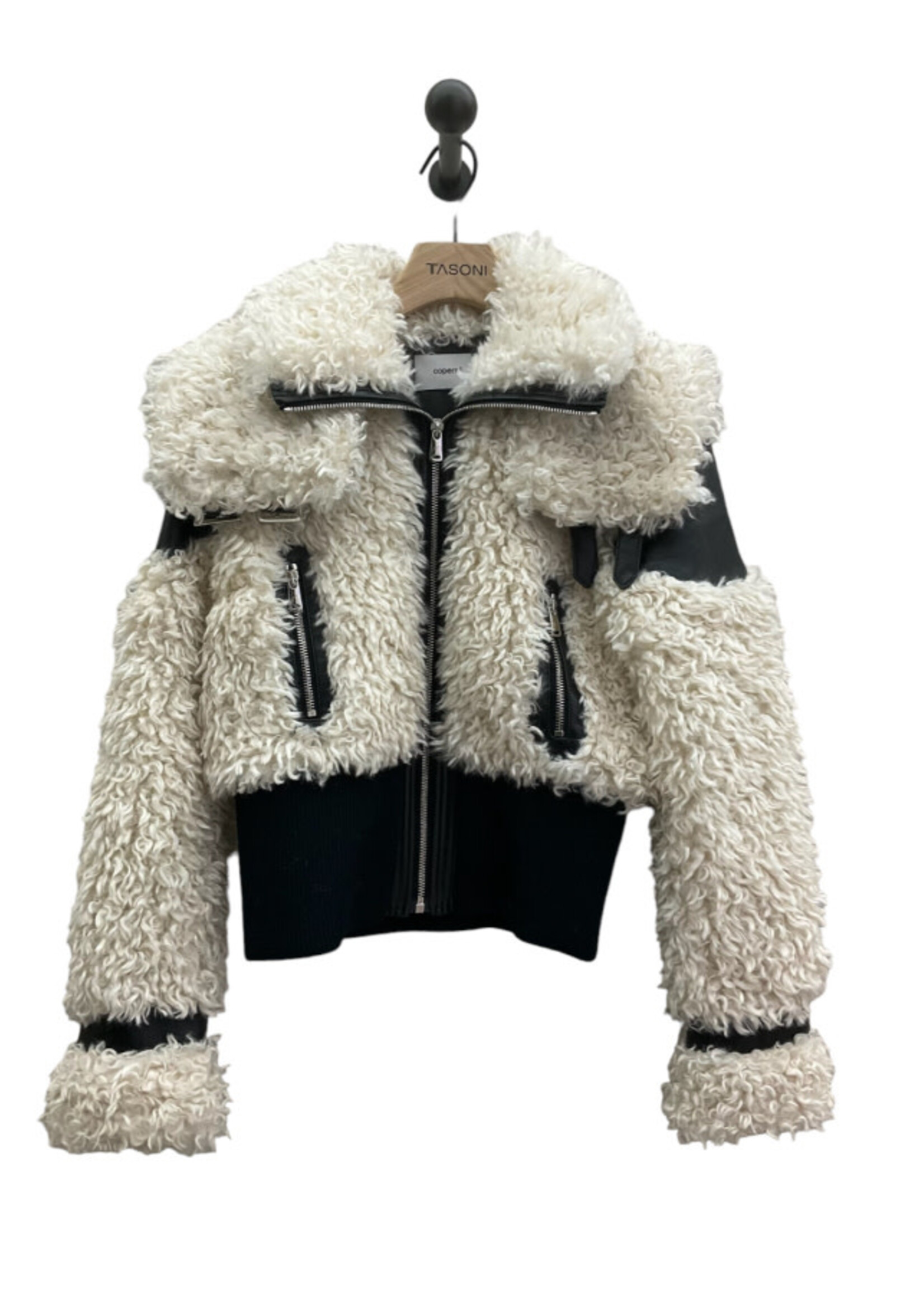 Coperni Coperni Jacket, Multi, Faux Shearling & Leather Collared Cropped Aviator Bomber Jacket In Off White & Black