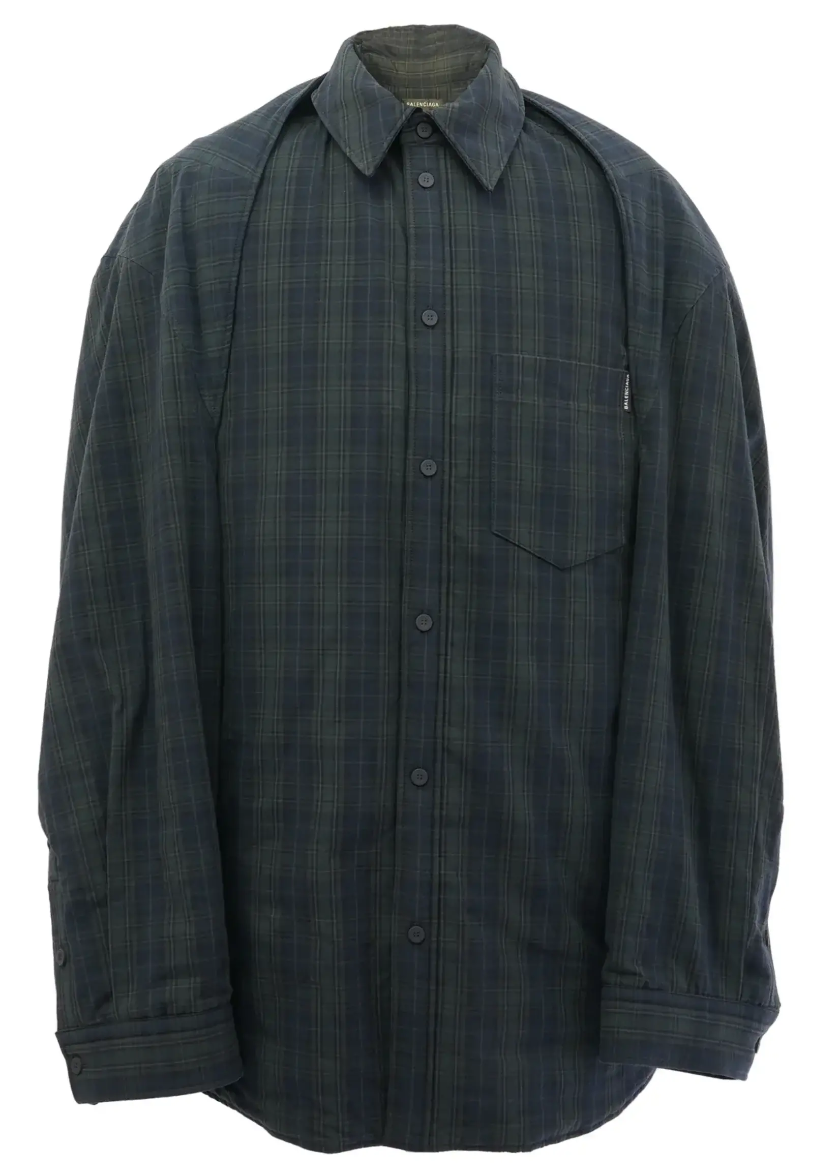 Balenciaga Balenciaga Shirt, Multi, Cotton Flannel Detachable Sleeves Oversized Checked Shirt in Grey & Dark Green