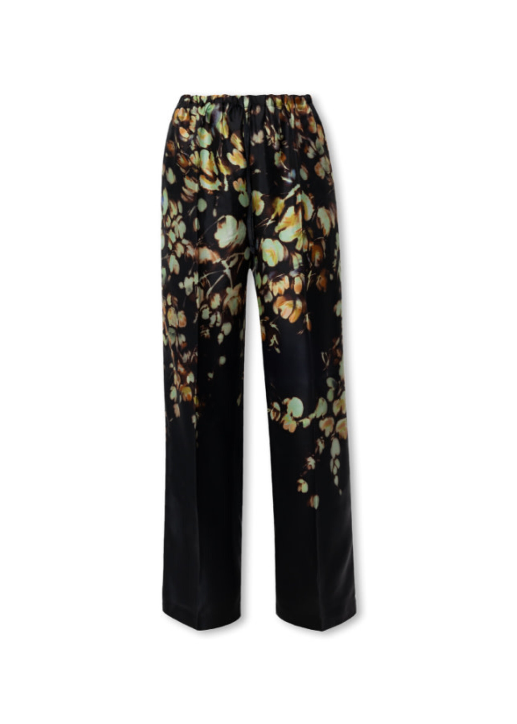 Dries Van Noten Dries Van Noten Trousers, Print, Puvis Silk Elastic Waist Wide Leg Leaves Print Pants in Green & Black w/ Pleats