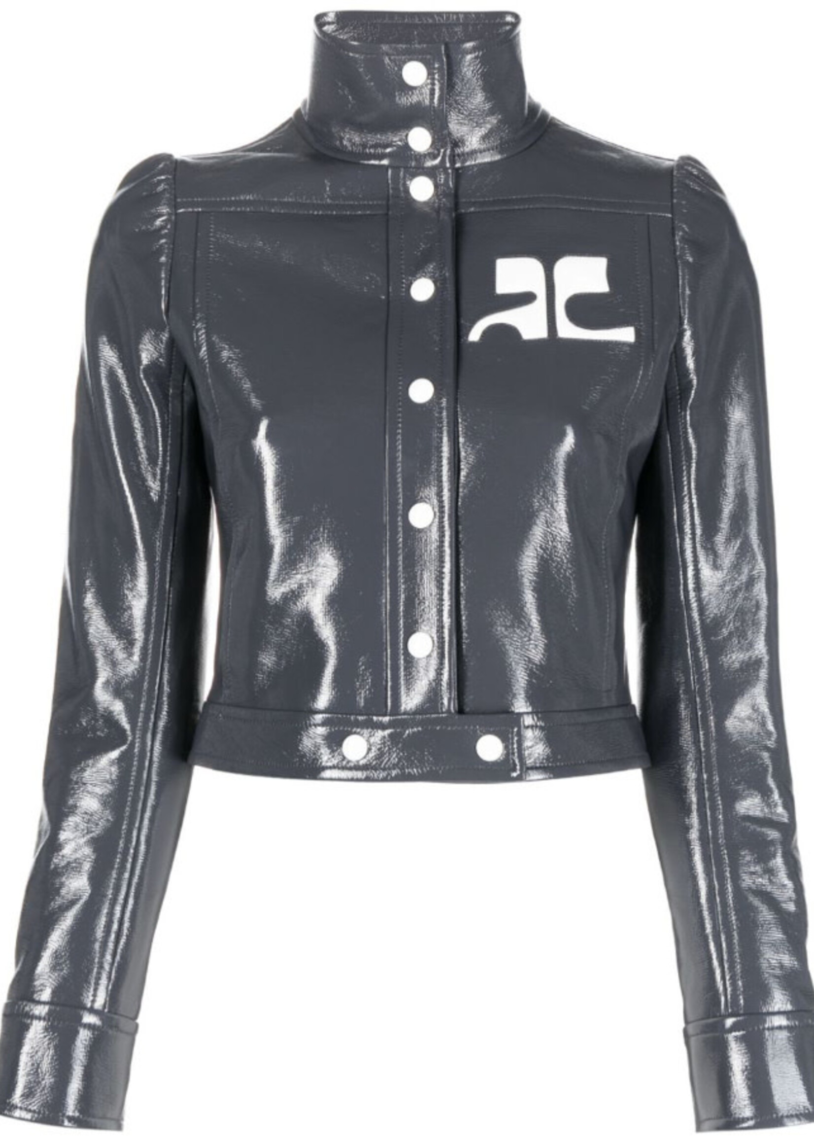 Courreges Courreges Jacket, Grey, Vinyl High Neck Reedition Cropped Iconic Jacket in Steel Grey w/ Logo Patch