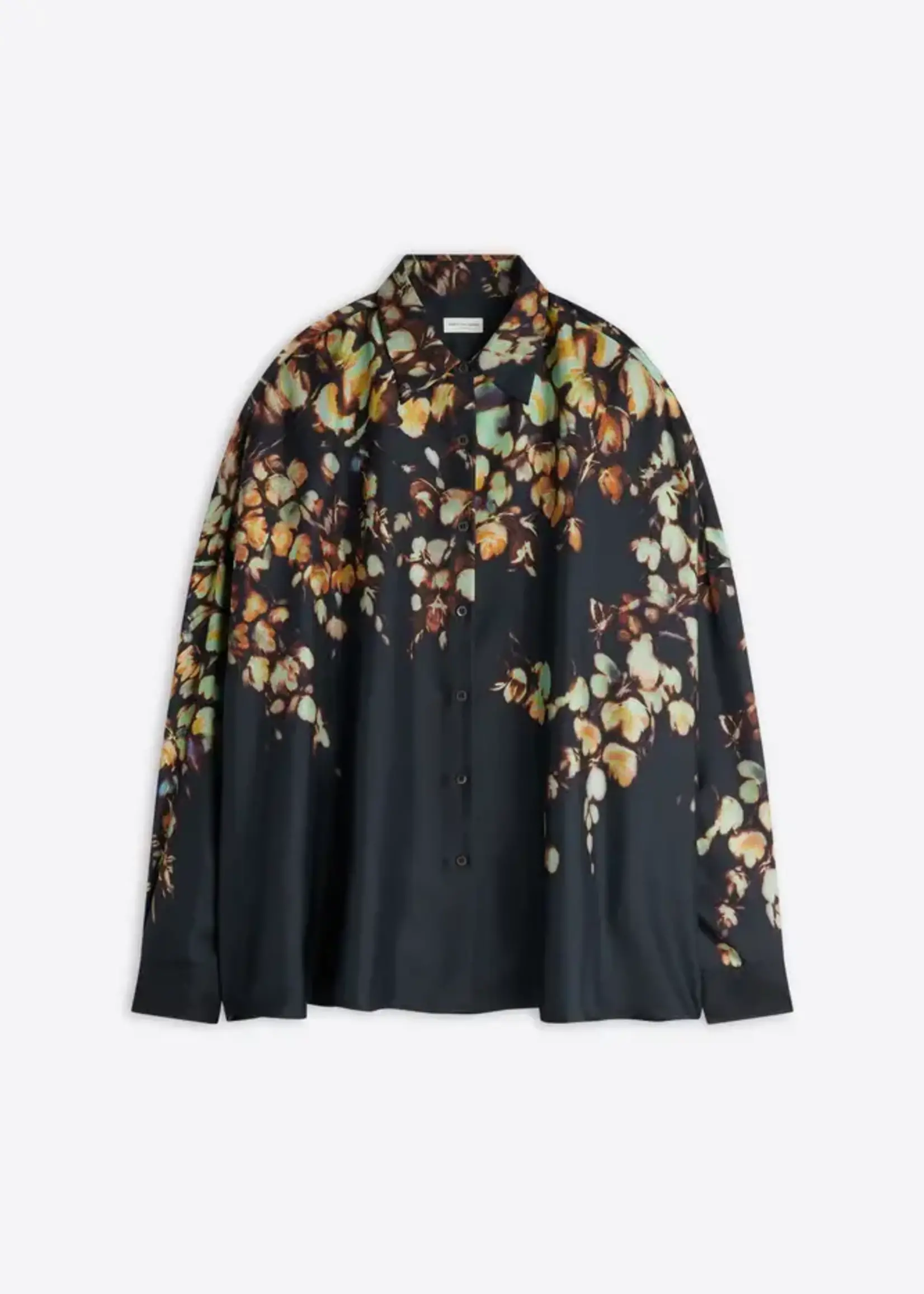 Dries Van Noten Dries Van Noten Shirt, Print, Casia Silk Oversized Shirt In Black & Green w/ Leaves Print