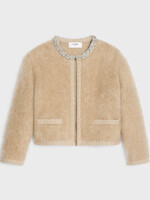 Celine Celine Jacket, Beige, Brushed Mohair Collared Cardigan In Camel w/ Jewel Embroidery