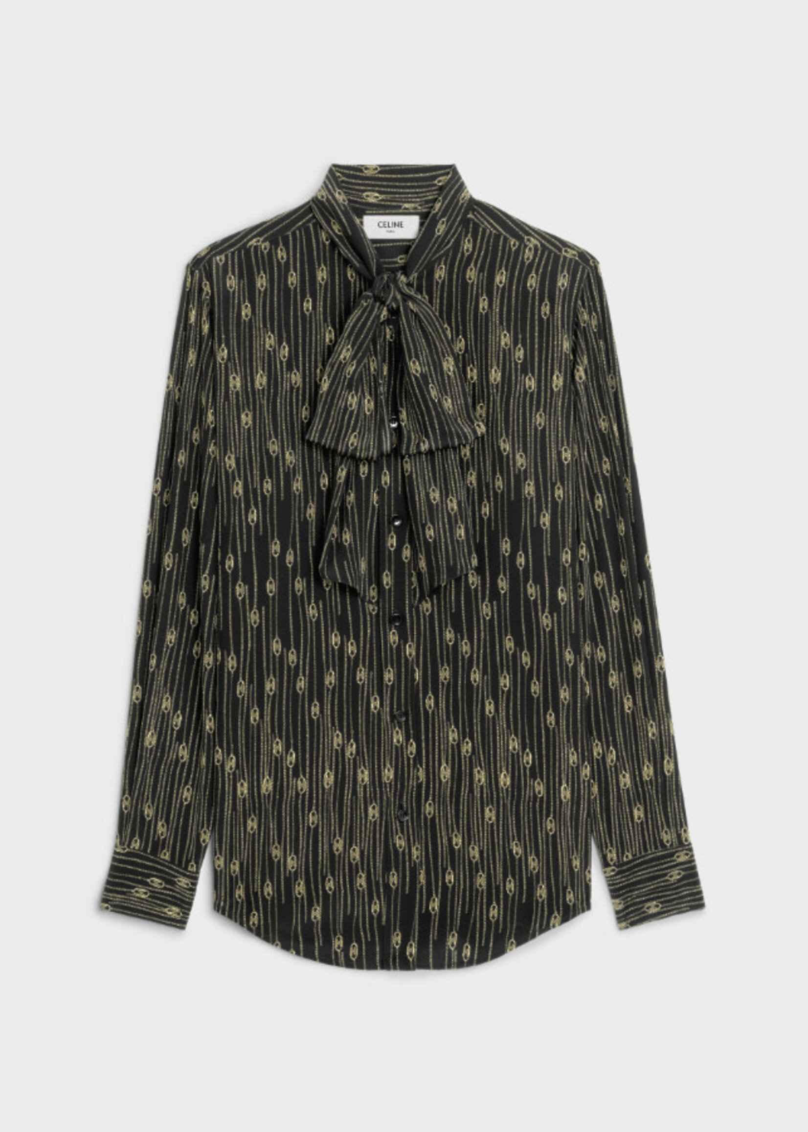 Celine Celine Shirt, Black, Romy Lavalliere Bow Collar Button Up In Black w/ Gold Embroidery