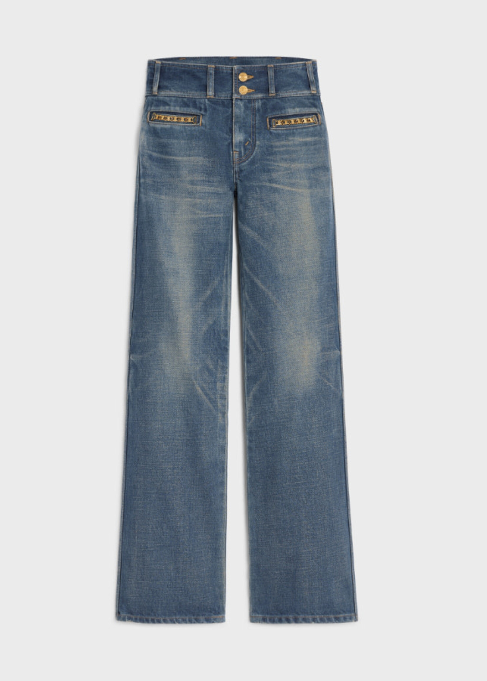 Celine Celine Jeans, Blue, Jane Cotton Low Rise Flared Denim Pants In Dark Union Wash w/ Triumph Curbs