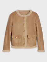 Celine Celine Jacket, Multi, Curled Lamb Shearling Collared Button Up Cardigan Jacket In Cognac & Cream w/ Pockets