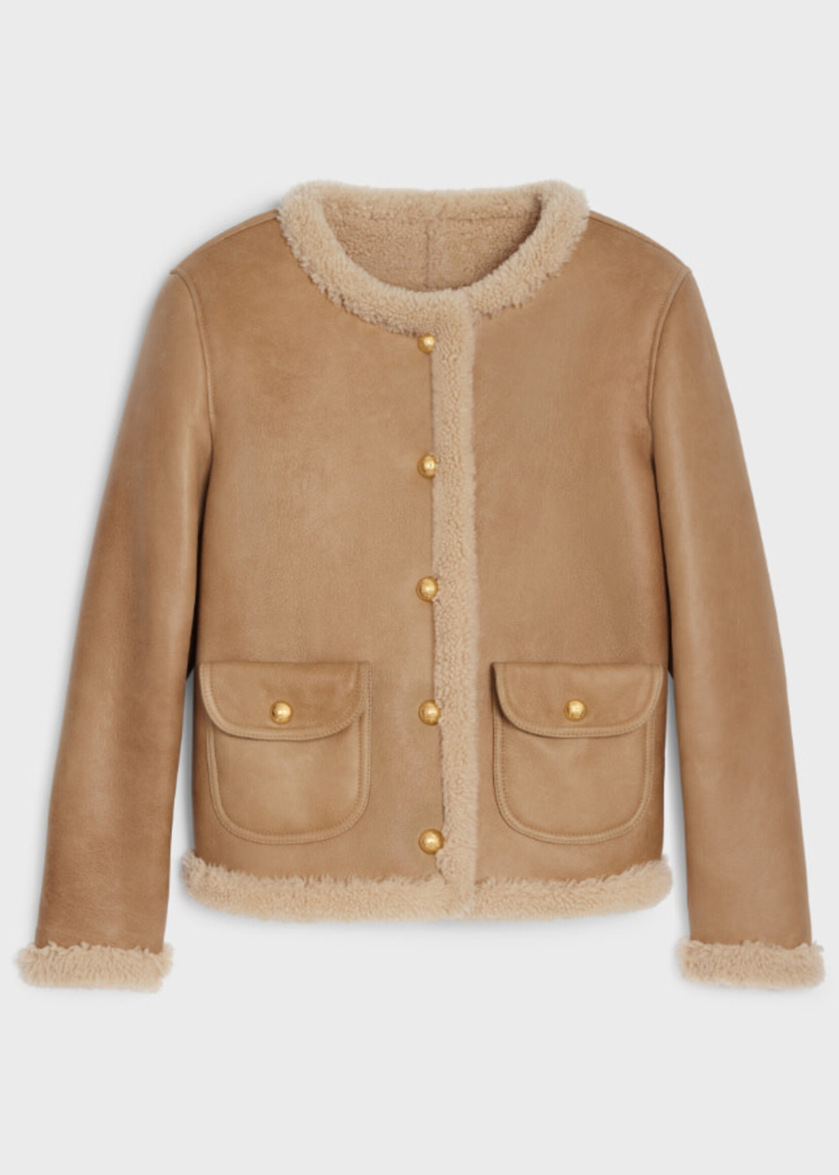 Celine Celine Jacket, Multi, Curled Lamb Shearling Collared Button Up Cardigan Jacket In Cognac & Cream w/ Pockets