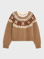 Celine Celine Knitwear, Multi, Wool Fair Isle Triomphe Crew Neck Cropped Sweater In Camel Brown & White