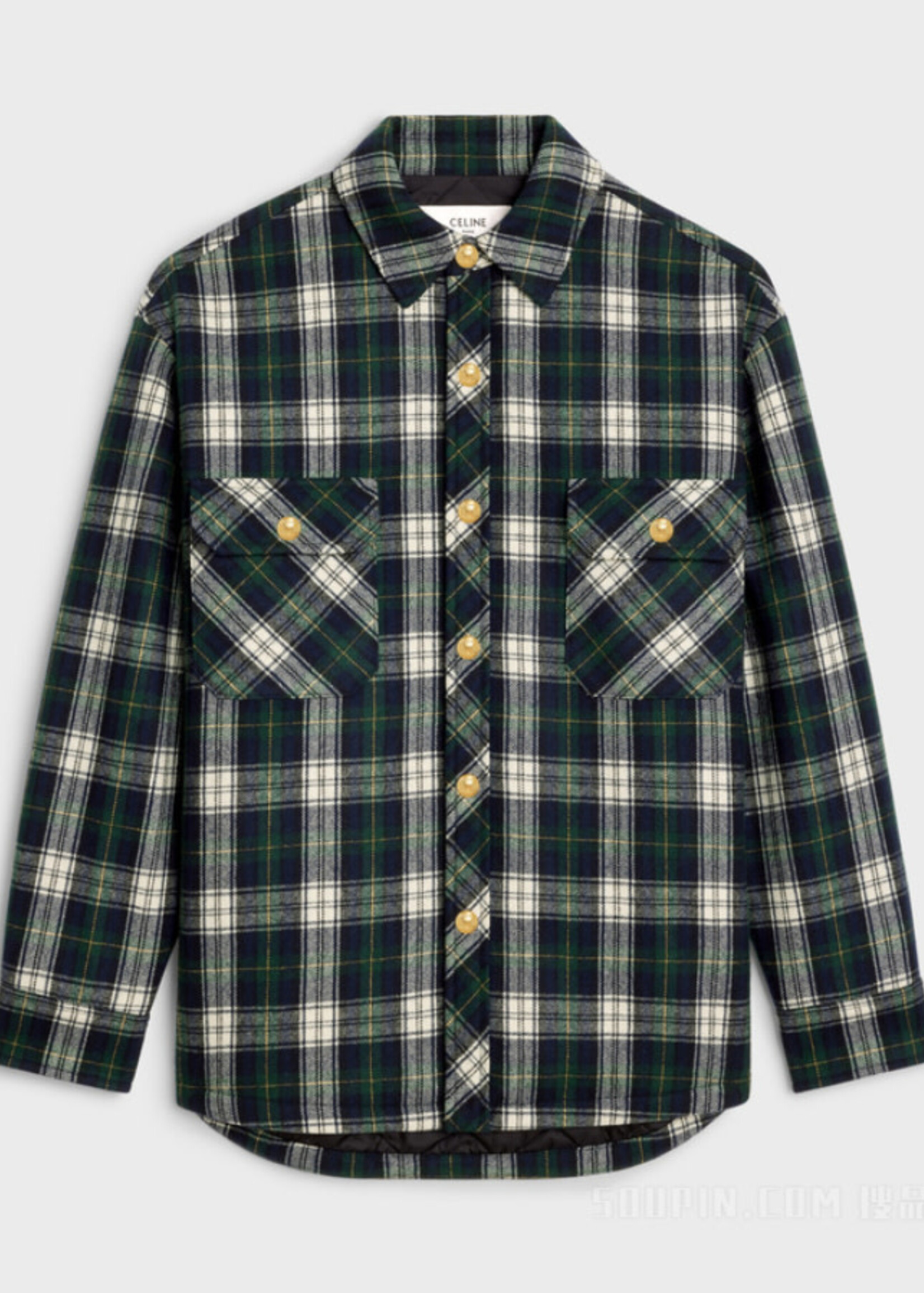 Celine Celine Jacket, Multi, Oversized Collared Button Up Checked Overshirt In Navy Green & Ecru w/ Chest Pockets