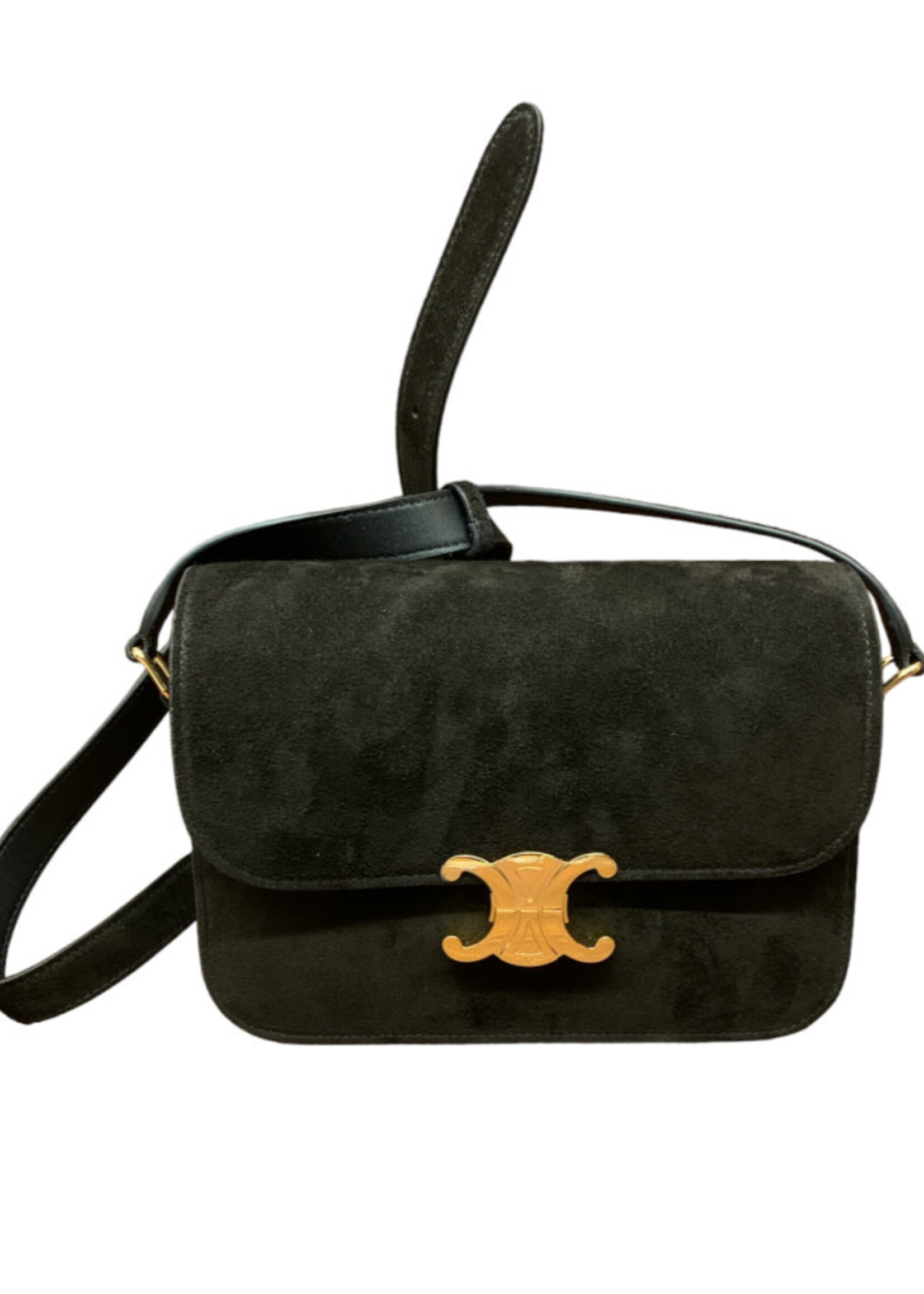 Celine Celine Bag, Black, Suede Calf Leather Classic Triomphe Shoulder Bag In Black