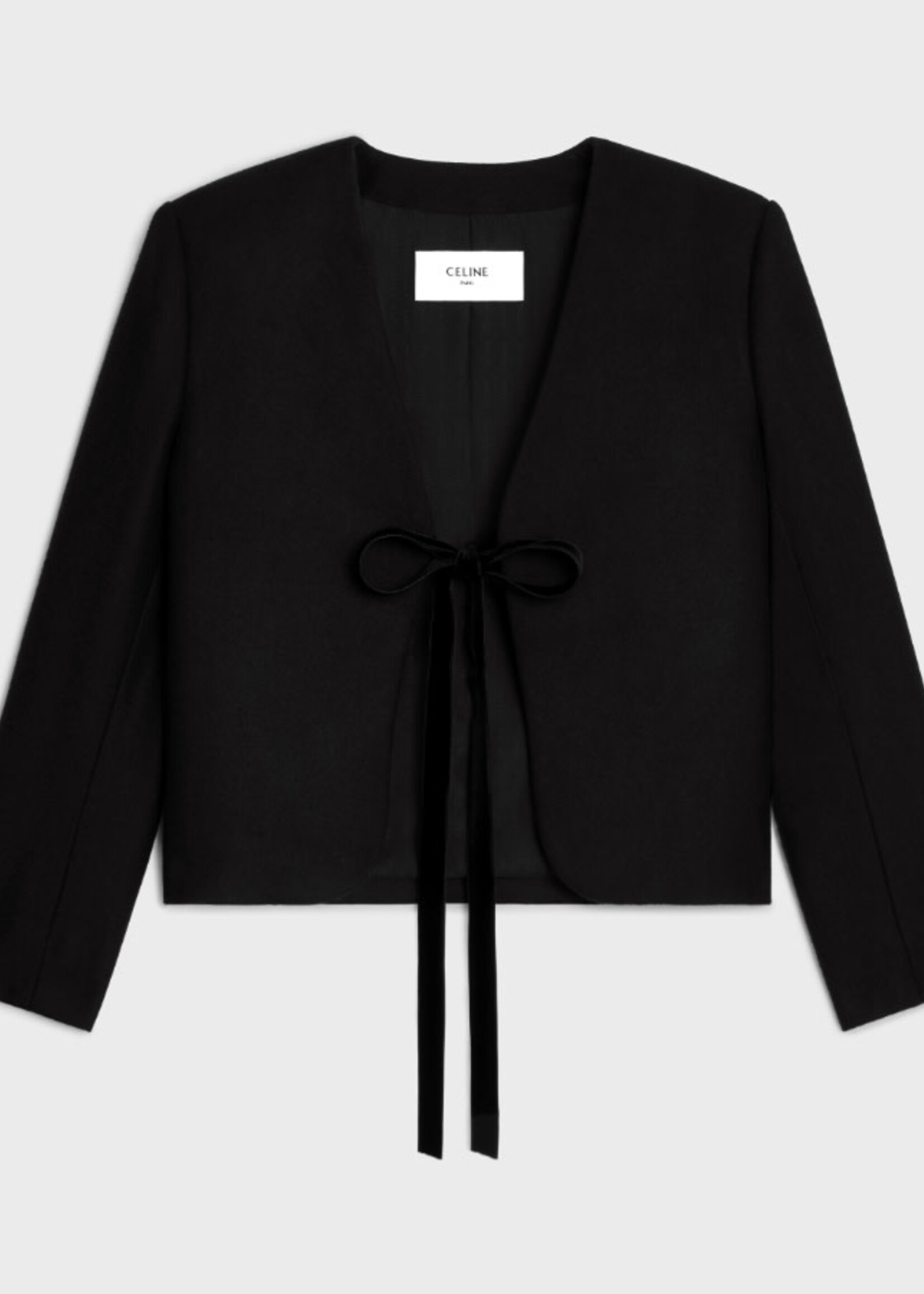 Celine Celine Knitwear, Black, Flannel Cashmere Chelsea Cardigan In Black w/ Velvet Ribbon & Shoulder Pads
