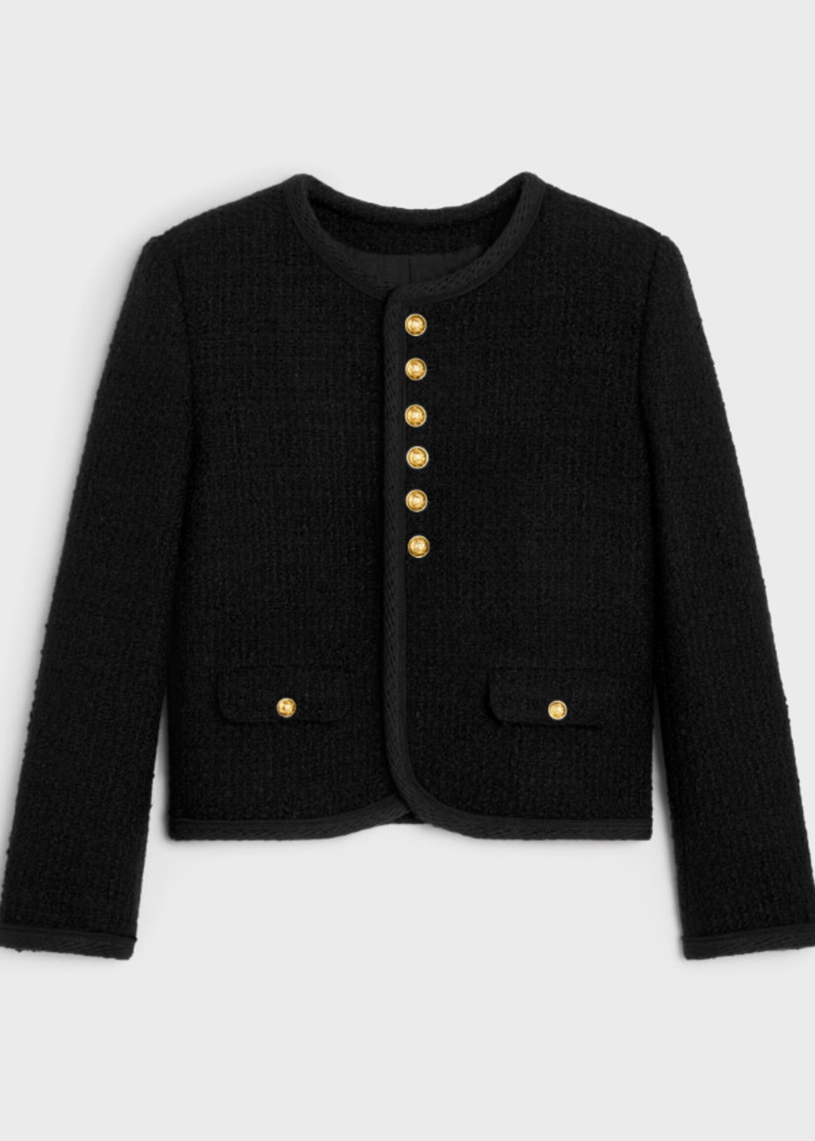 Celine Celine Jacket, Black, Wool Mix Collared Button Up Basket Weave Hunter In Black w/ Flap Pockets