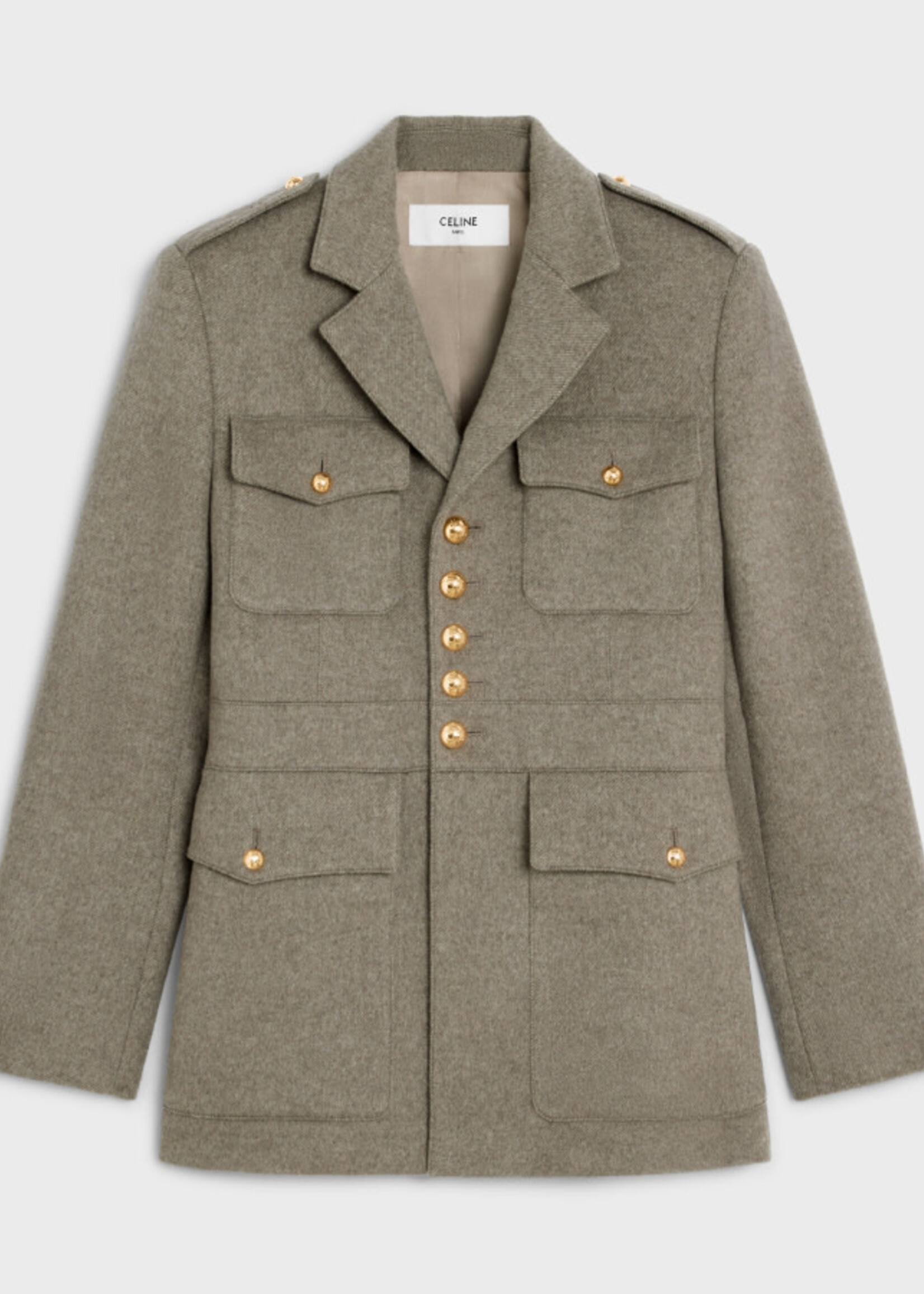 Celine Celine Jacket, Multi, Cashmere Collared Button Up Safari Jacket In Beige Grey w/ Pockets