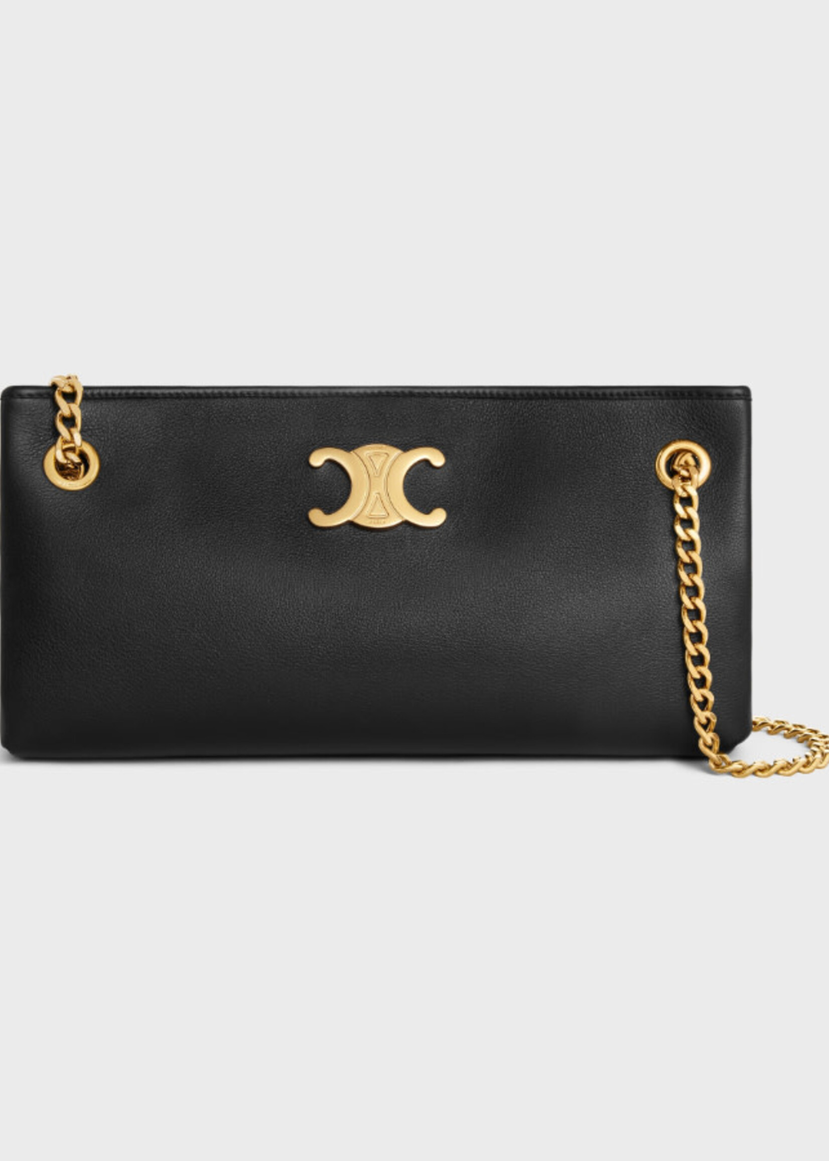 Celine Celine Bag, Black, Newspaper Triomphe Soft Calfskin Shoulder Bag In Black w/ Gold Chain