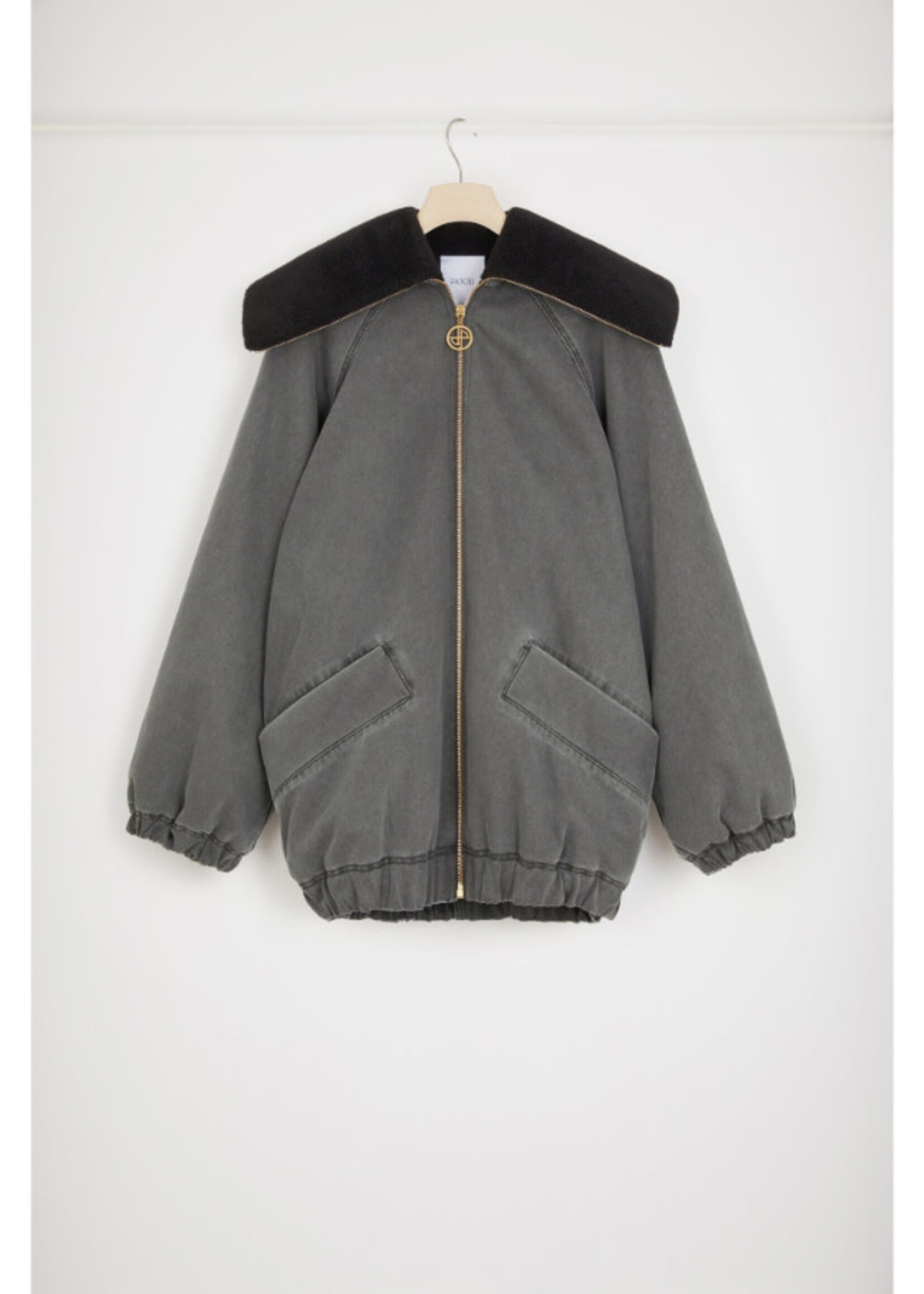 Patou Patou Jacket, Grey, Denim Faux Shearling Zipped Up Oversized Jacket in Anthracite w/ Exaggerated Collar