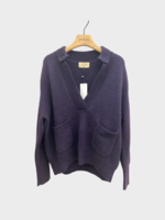 Alexandra Golovanoff Tricots AGT Knitwear, Purple, Patrick Cashmere Wide Fit Collared V-Neck Pullover In Purple Black w/ Pockets