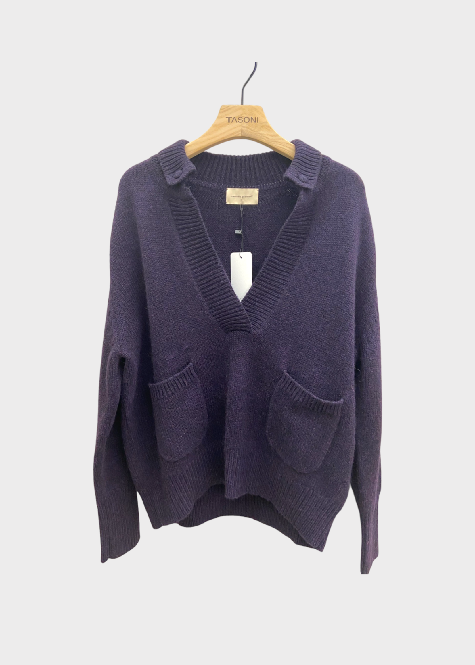 Alexandra Golovanoff Tricots AGT Knitwear, Purple, Patrick Cashmere Wide Fit Collared V-Neck Pullover In Purple Black w/ Pockets