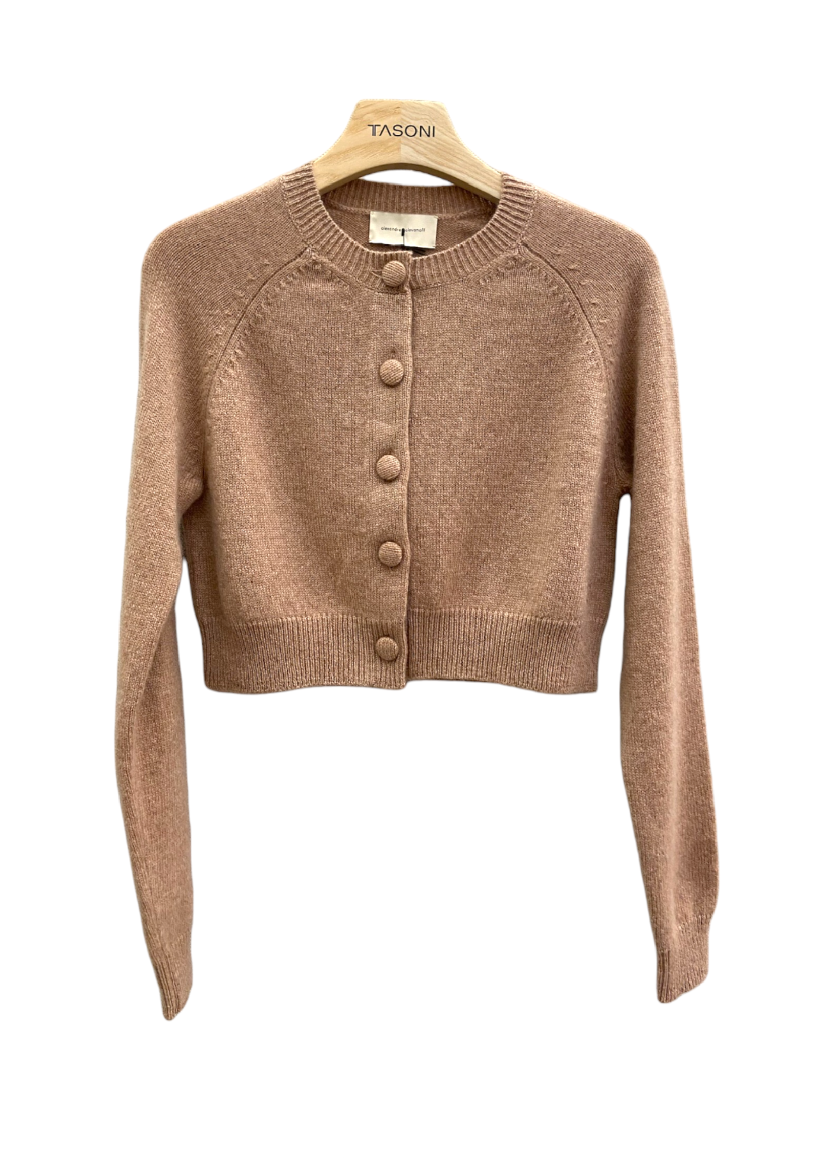 Alexandra Golovanoff Tricots AGT Knitwear, Beige, Crop Mila Cashmere Crew Neck Button Up Cardigan