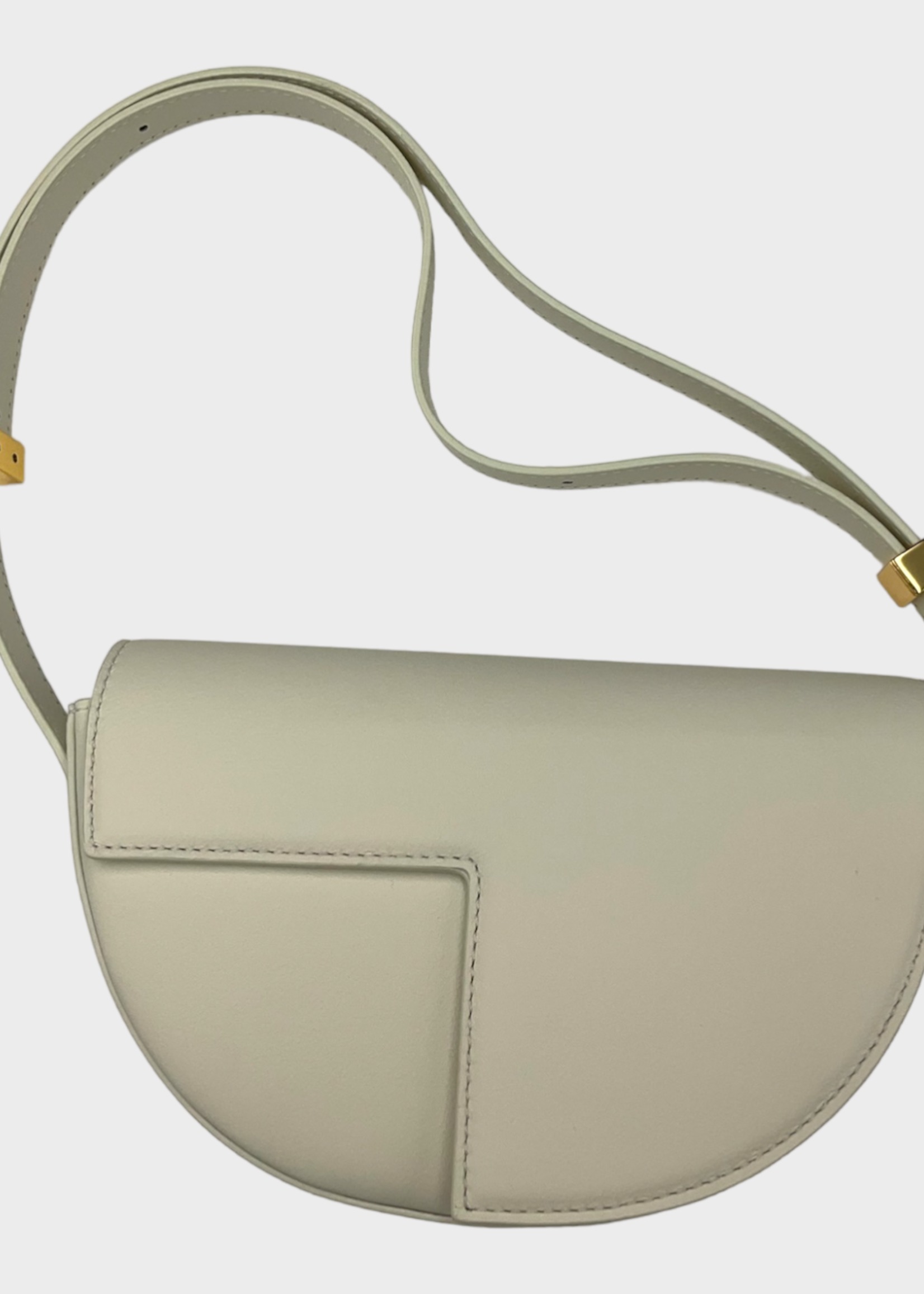 Patou Patou Bag, White, Le Petit Patou Calf Leather Cut Out Geometric Monogram Half Circle Bag in Avalanche