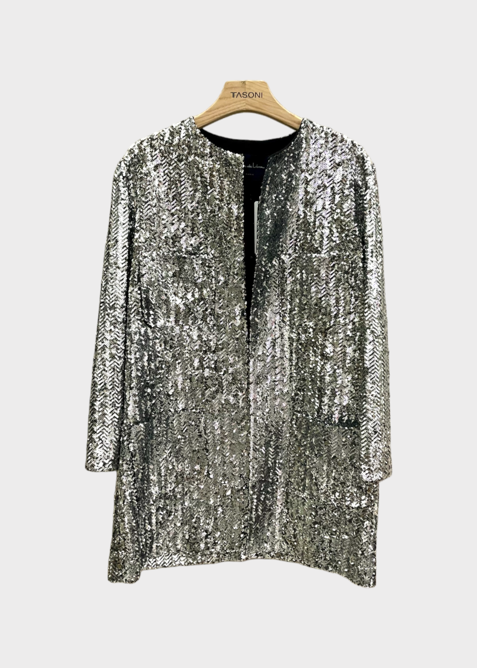 Julie de Libran Julie de Libran Jacket, Silver, Karly Round Neck Heringbone Sequin Open Jacket
