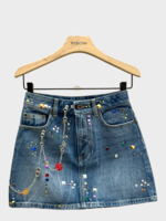 Rabanne Paco Rabanne Skirt, Blue, Cotton High Waist Mini Denim Skirt in Stone w/ Crystal Embellishments & Studs