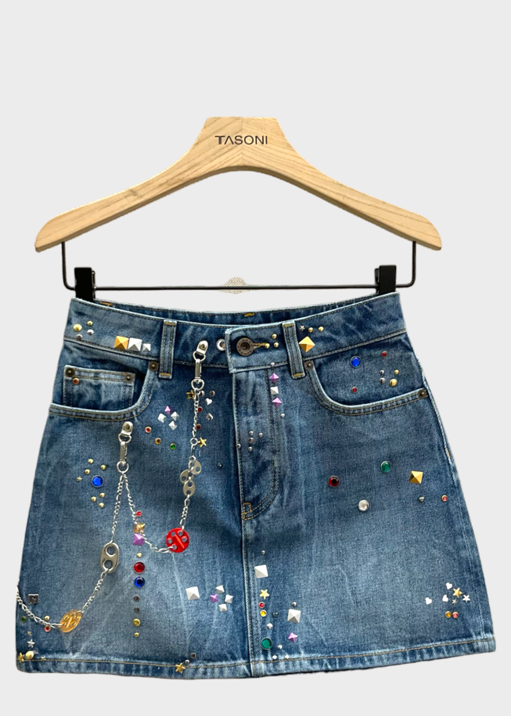 Rabanne Paco Rabanne Skirt, Blue, Cotton High Waist Mini Denim Skirt in Stone w/ Crystal Embellishments & Studs