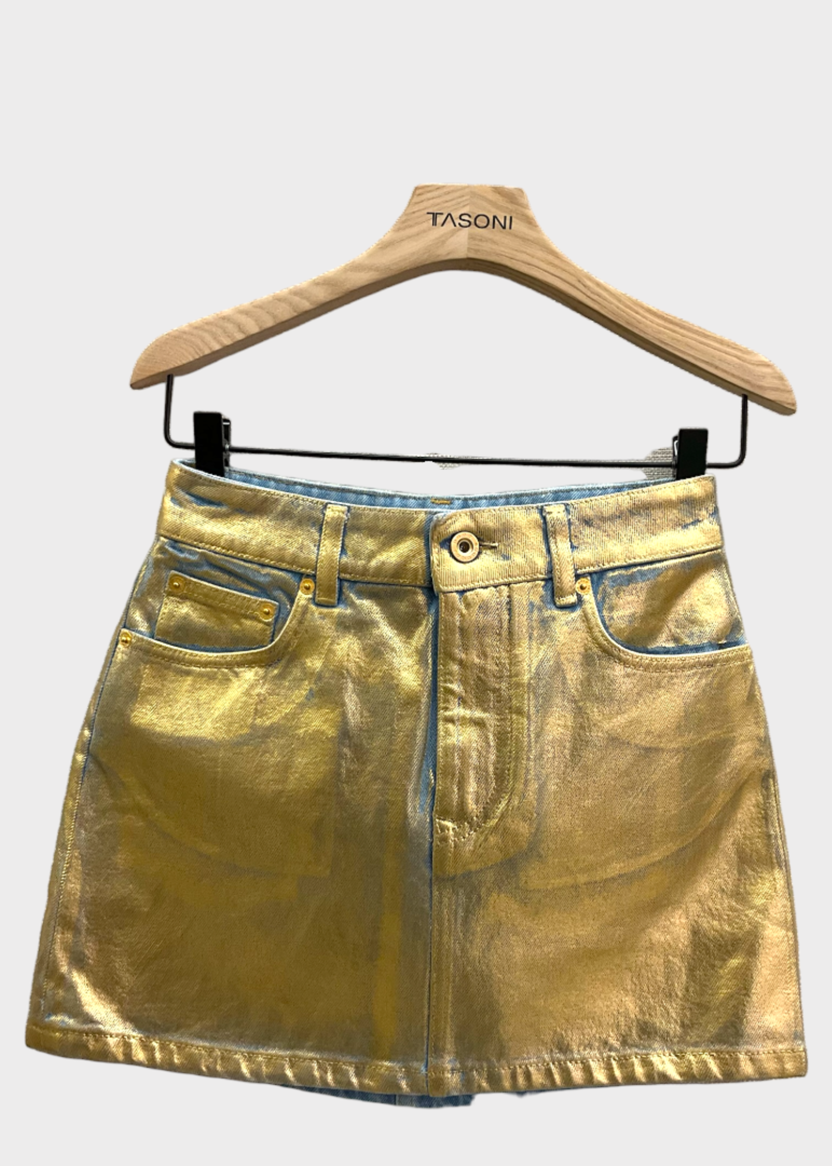Rabanne Paco Rabanne Skirt, Gold, Cotton High Waist Metallic Mini Denim Skirt In Dark Gold