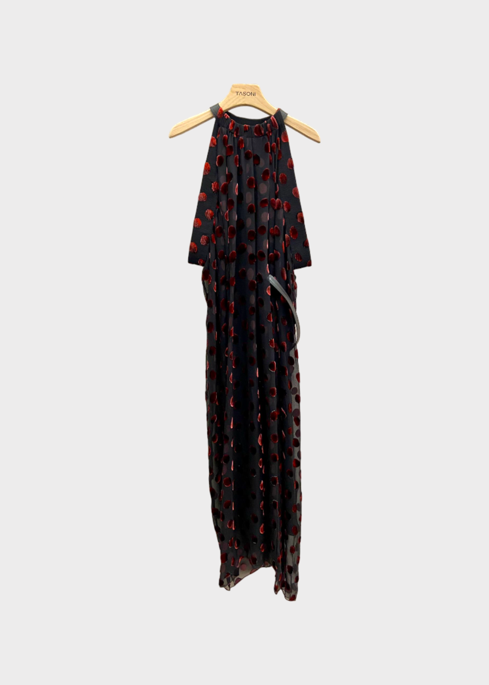 Lanvin Lanvin Dress, Multi, Sleeveless Draped Velvet Embossed Polka Dot Long Dress In Amarena w/ Belt