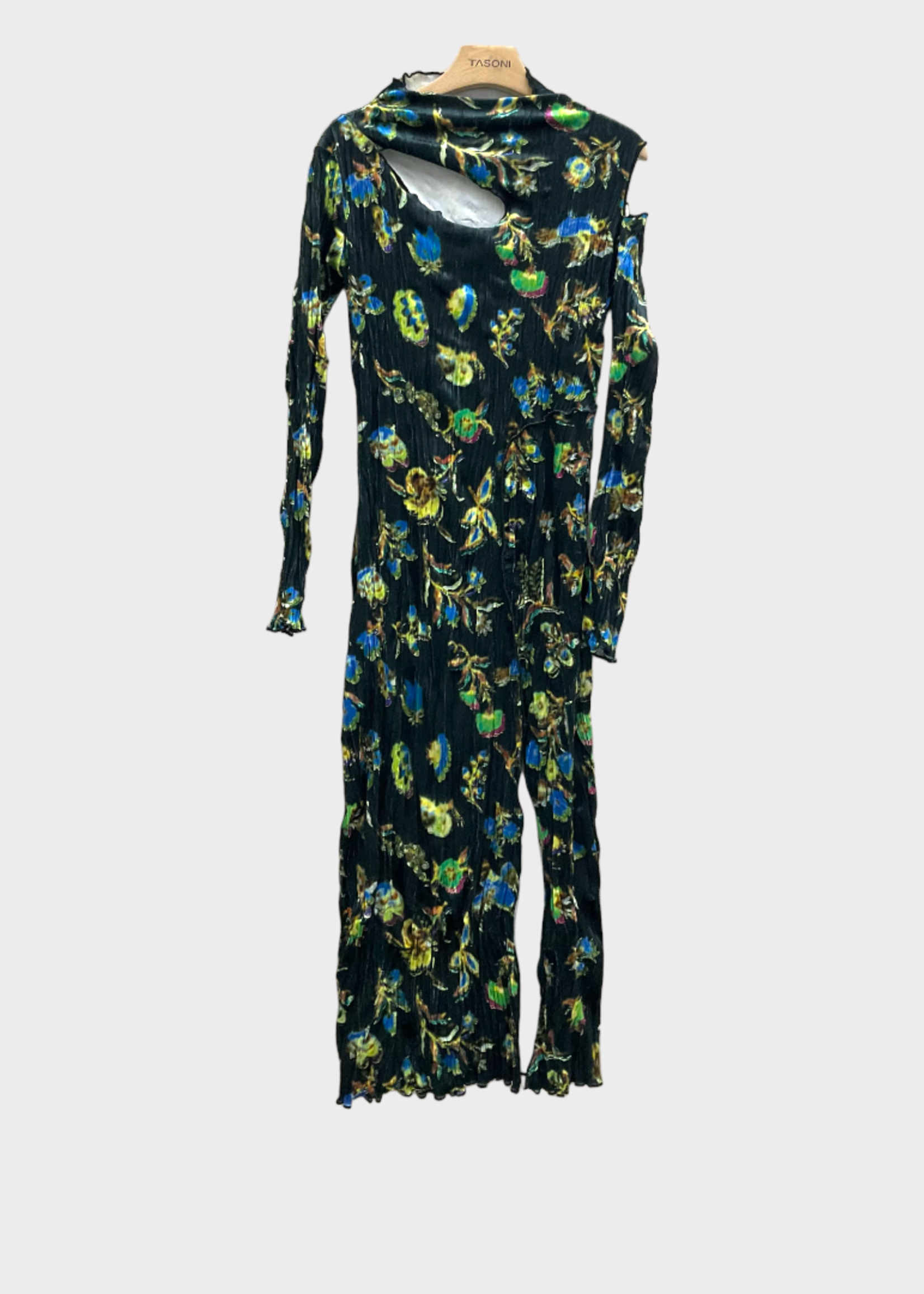 Julia Heuer Julia Heuer Dress, Print, Pandorra High Neck Long Sleeve Midi Dress in Black w/ Vivienne Print & Cut Out Details