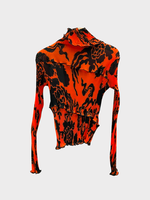 Julia Heuer Julia Heuer Top, Print, Ida Hand Pleated High Neck Long Sleeve Wrinkled Top in Orange w/ Amelia Print