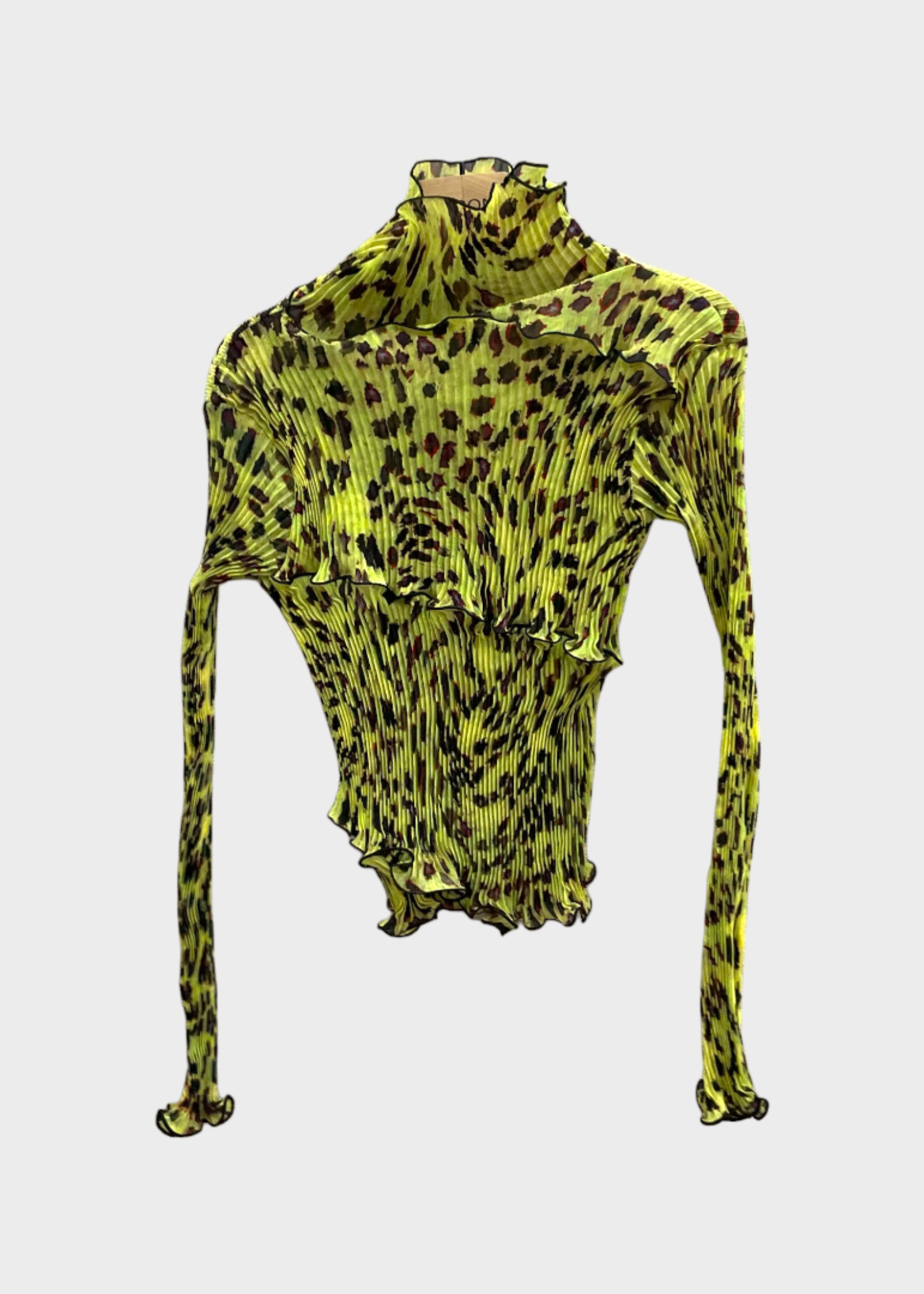 Julia Heuer Julia Heuer Top, Print, Ida Hand Pleated High Neck Long Sleeve Wrinkled Top in Yellow w/ Struwe Print