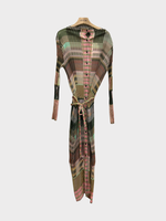 Julia Heuer Julia Heuer Jacket, Print, Taro High Neck Long Sleeve Button Up Belted Jacket in Brown & Green w/ Holm Print