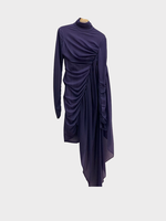 Mugler Mugler Dress, Purple, Slim Fit High Neck Long Sleeve Draped Mini Dress In Dark Violet w/ Tail