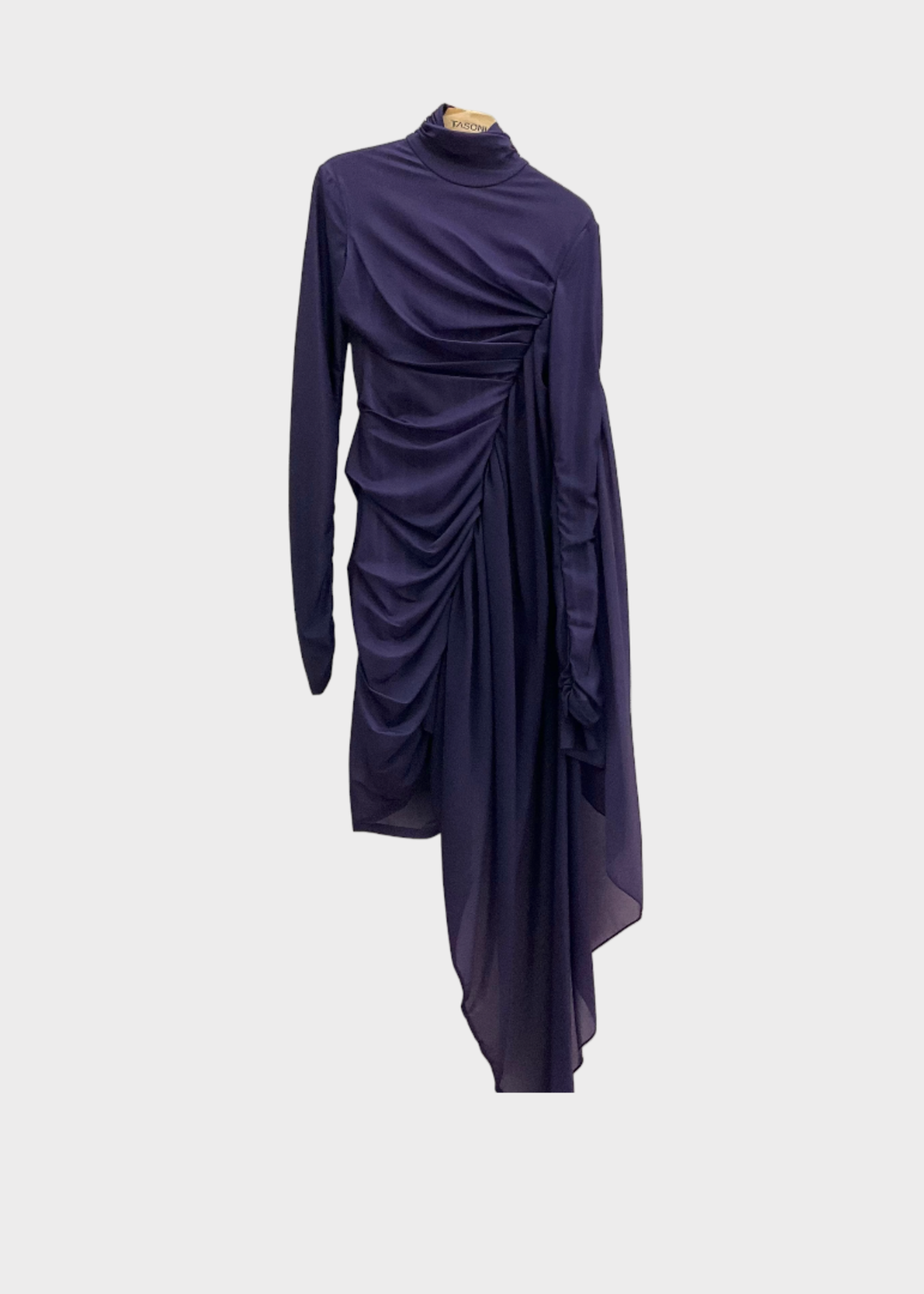 Mugler Mugler Dress, Purple, Slim Fit High Neck Long Sleeve Draped Mini Dress In Dark Violet w/ Tail