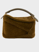 Loewe Loewe Bag, Green, Puzzle Edge Shearling Top Handle Zip Closure Small Bag In Dark Khaki Green