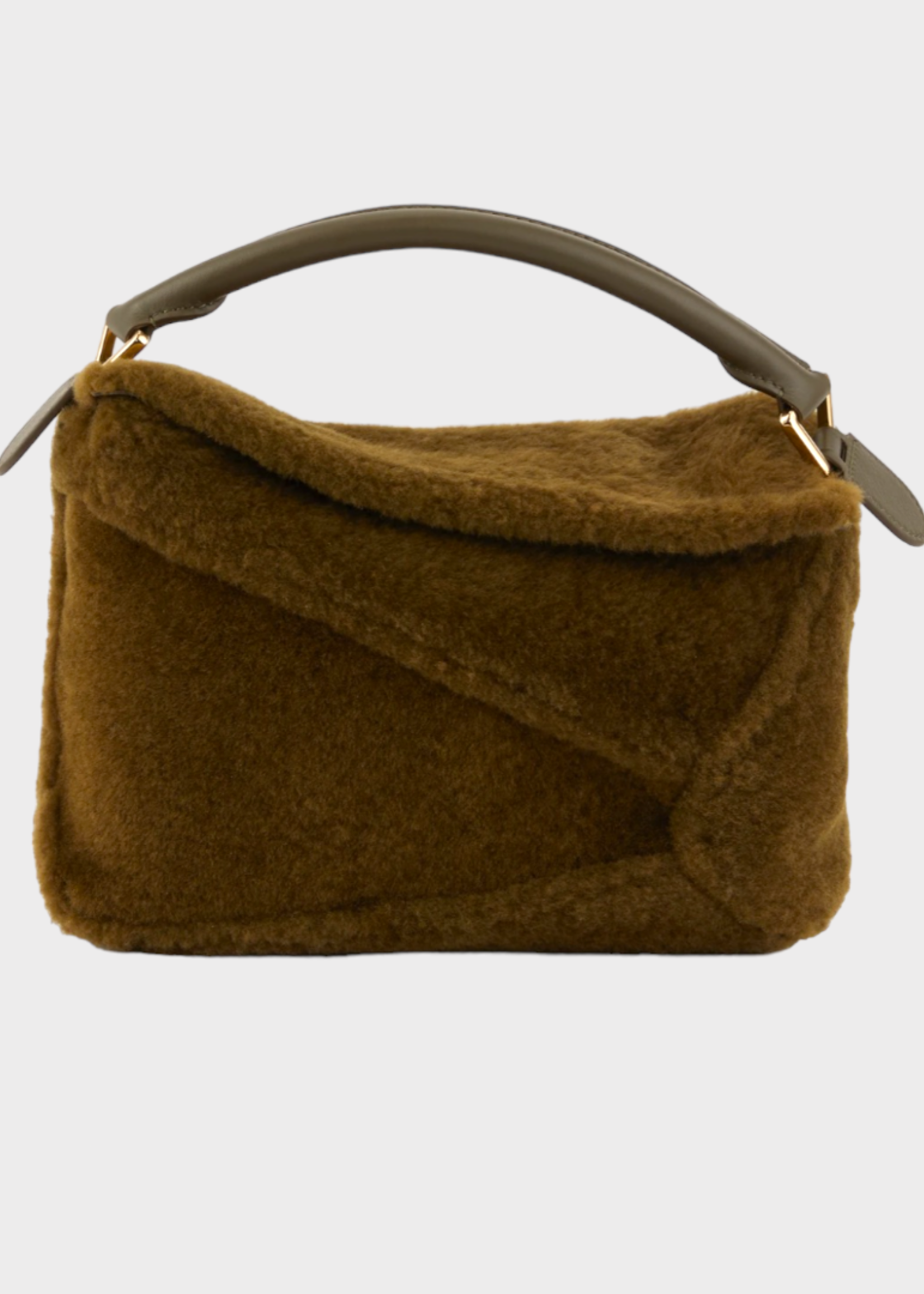 Loewe Loewe Bag, Green, Puzzle Edge Shearling Top Handle Zip Closure Small Bag In Dark Khaki Green