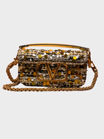 Valentino Valentino Bag, Multi, Loco Small Top Handle Flap Closure Chain Shoulder Bag In Black Ivory & Gold w/ Antique Brass Embroidery