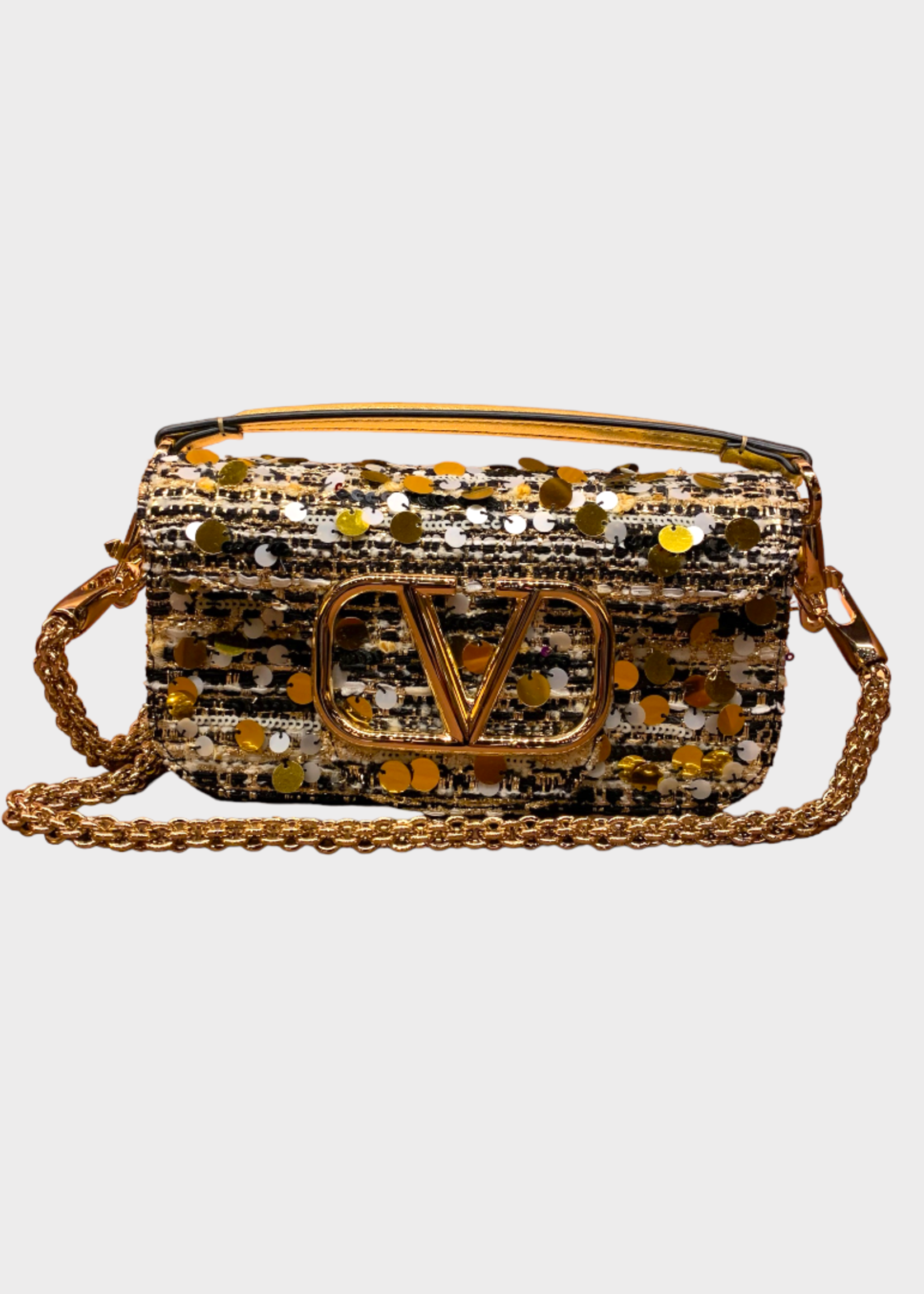 Valentino Valentino Bag, Multi, Loco Small Top Handle Flap Closure Chain Shoulder Bag In Black Ivory & Gold w/ Antique Brass Embroidery