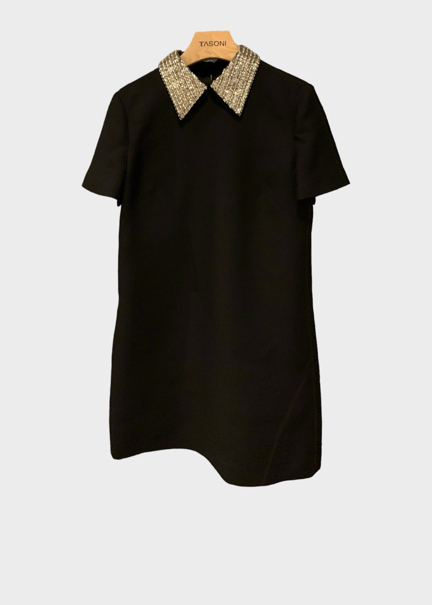 Valentino Valentino Dress, Multi, Wool & Silk Short Sleeve Crepe Couture Mini Dress In Black & Silver w/ Removable Embroidered Collar