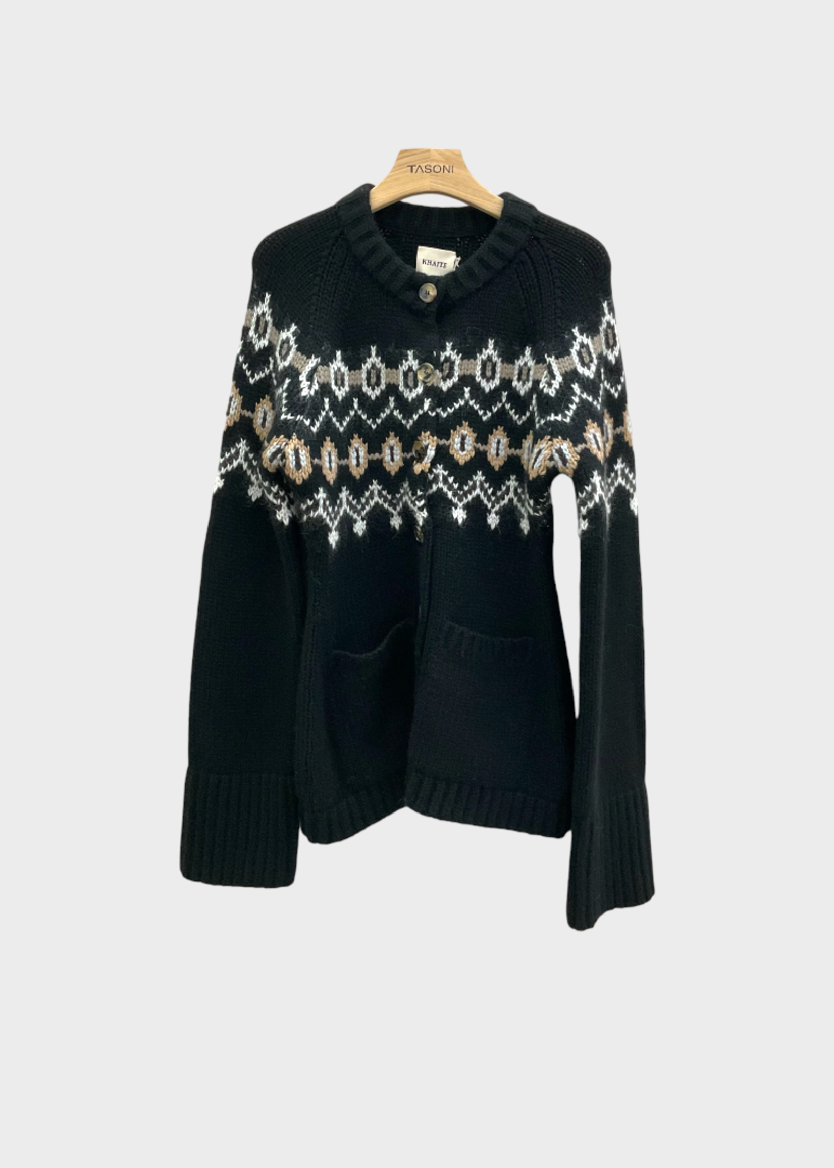 Khaite Khaite Knitwear, Multi, Suzette Cashmere Traditional Fairisle Button Up Cardigan In Black & Multicolor w/ Pockets