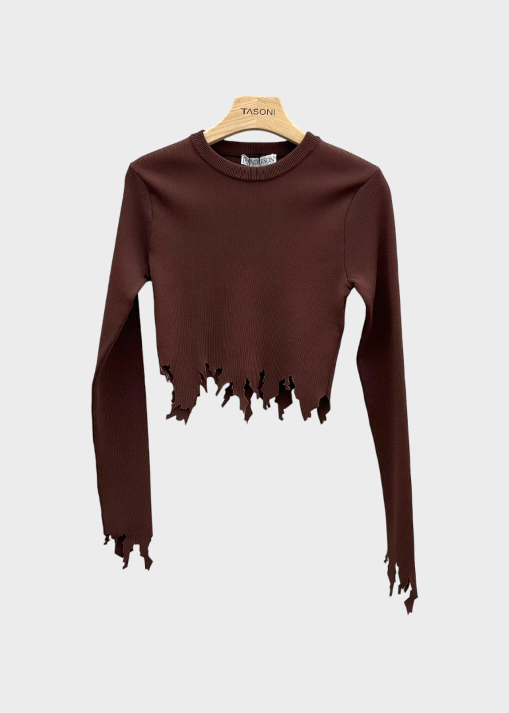 J.W. Anderson J.W. Anderson Top, Brown, Crew Neck Long Sleeve Cropped Lasercut Top In Chocolate Brown
