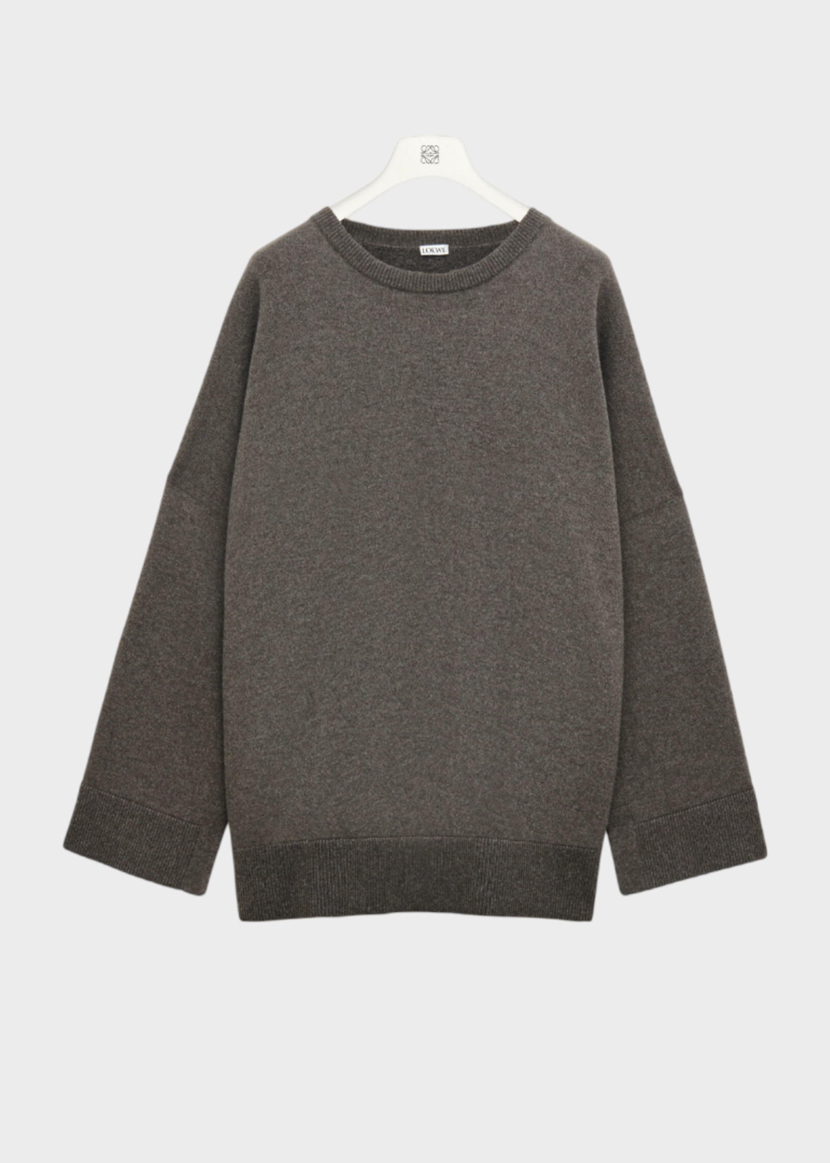 Loewe Loewe Knitwear, Brown, Cashmere Oversized Crew Neck Sweater In Dark Taupe w/ Open Back