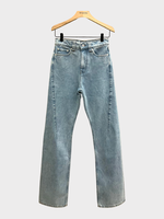 Y/Project Y/Project Jeans, Blue, Paris Cotton Mix Slim Fit High Waist Straight Leg Denim Pants In Heavy Blue w/ Logo Embroidery