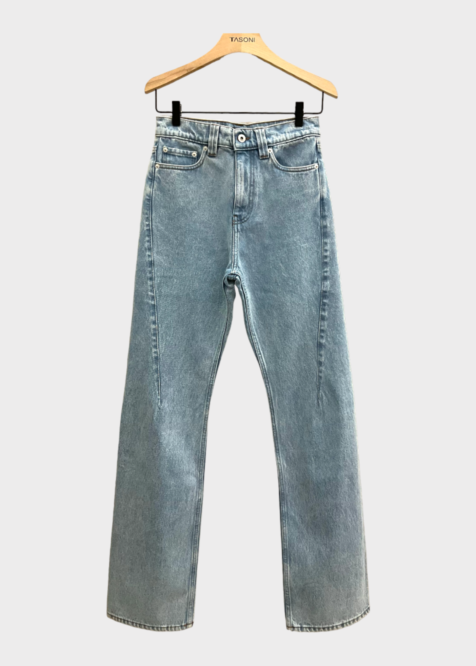 Y/Project Y/Project Jeans, Blue, Paris Cotton Mix Slim Fit High Waist Straight Leg Denim Pants In Heavy Blue w/ Logo Embroidery