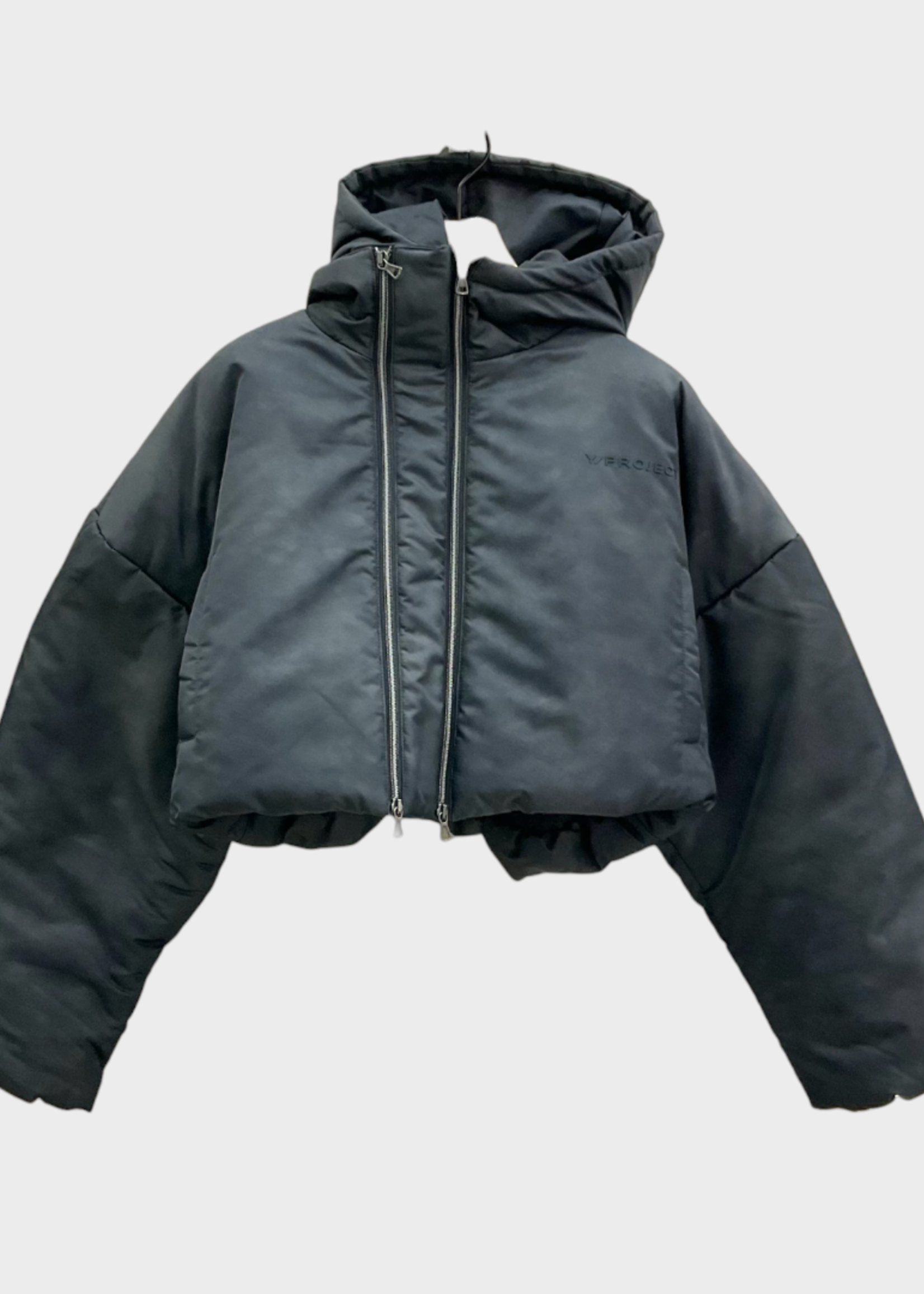 Y/Project Y/Project Jacket, Grey, Double Collar Zip Up Cropped Puffer Jacket In Grey Cloud w/ Hoodie
