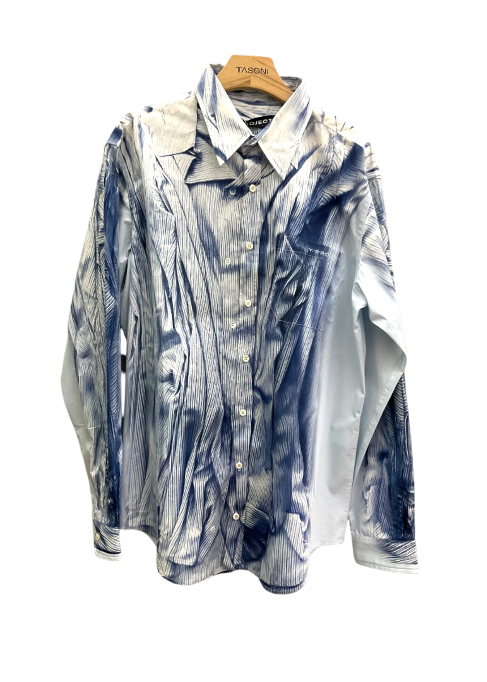 Y/Project Y/Project Shirt, Blue, Oversized Collared Button Up Compact Shirt In Light Blue w/ Shirt Print