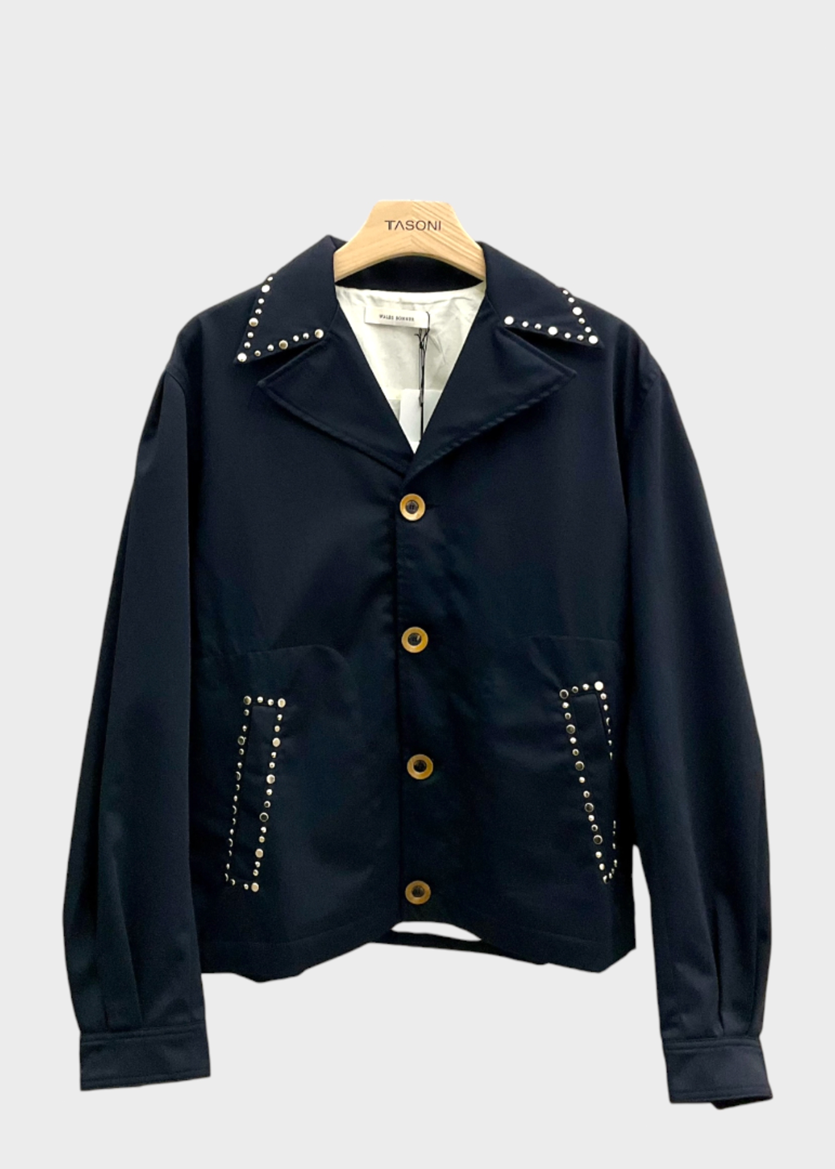 Wales Bonner Wales Bonner Jacket, Navy, Delaney Cotton Collared Single Breasted Button Up Jacket In Navy w/ Studs